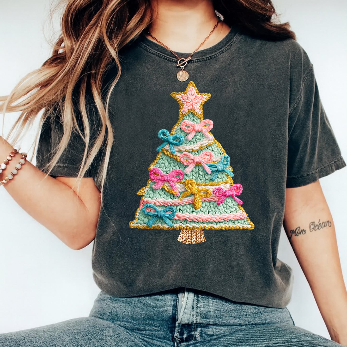 Christmas Pastel Bow Tree DTF Transfer – Yarn Crochet Style Holiday Iron On Heat Transfer for DIY Christmas Shirts 12125