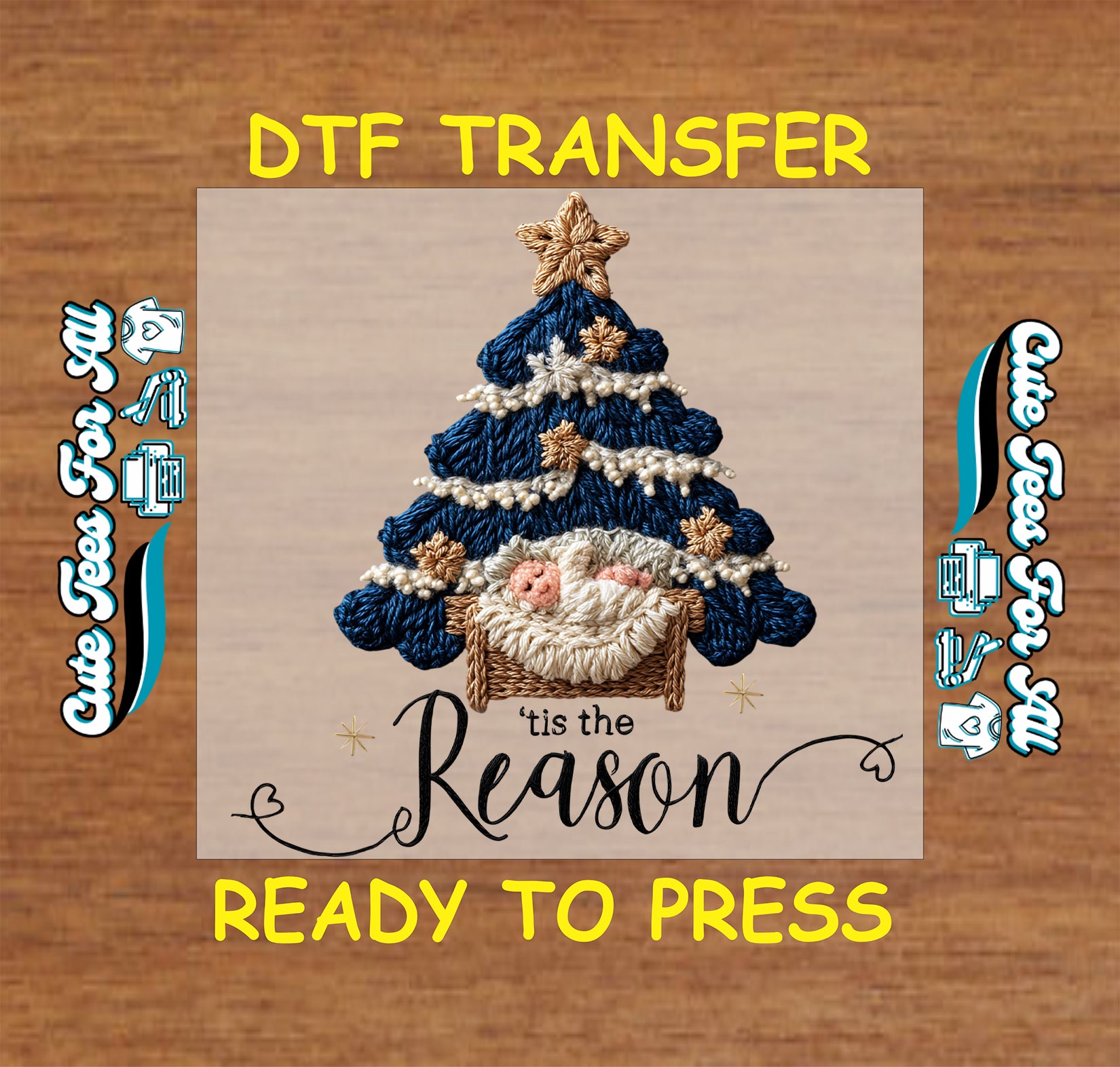 crochet style christmas tree with nativity manger scene and text ’tis the reason ready to press dtf iron on heat transfer for diy christmas shirts
