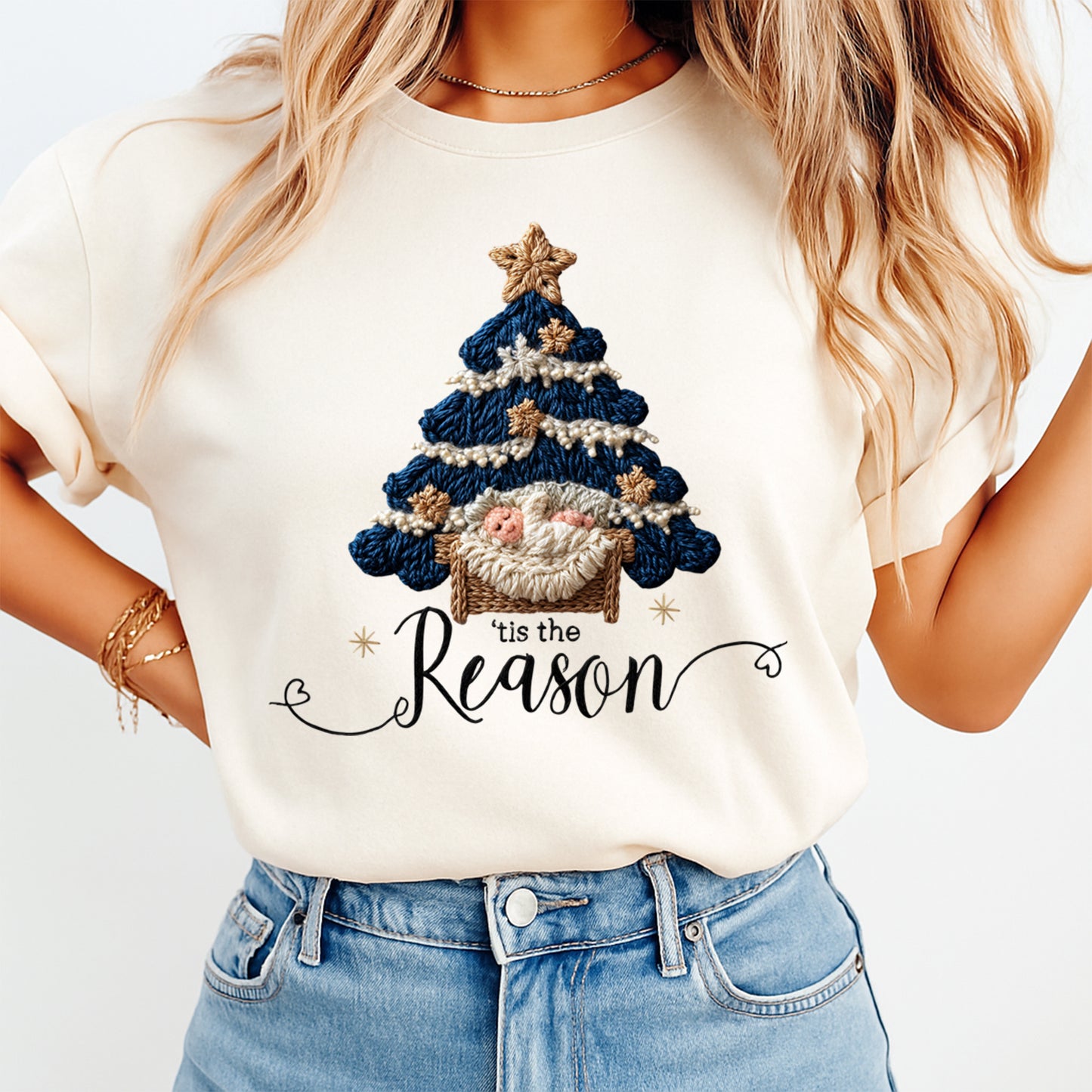 Christmas Nativity Tree ’Tis the Reason DTF Transfer – Crochet Texture Holiday Iron On Heat Transfer for DIY Christmas Shirts 12126