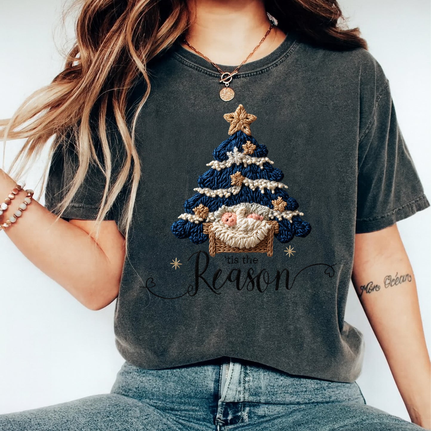 Christmas Nativity Tree ’Tis the Reason DTF Transfer – Crochet Texture Holiday Iron On Heat Transfer for DIY Christmas Shirts 12126