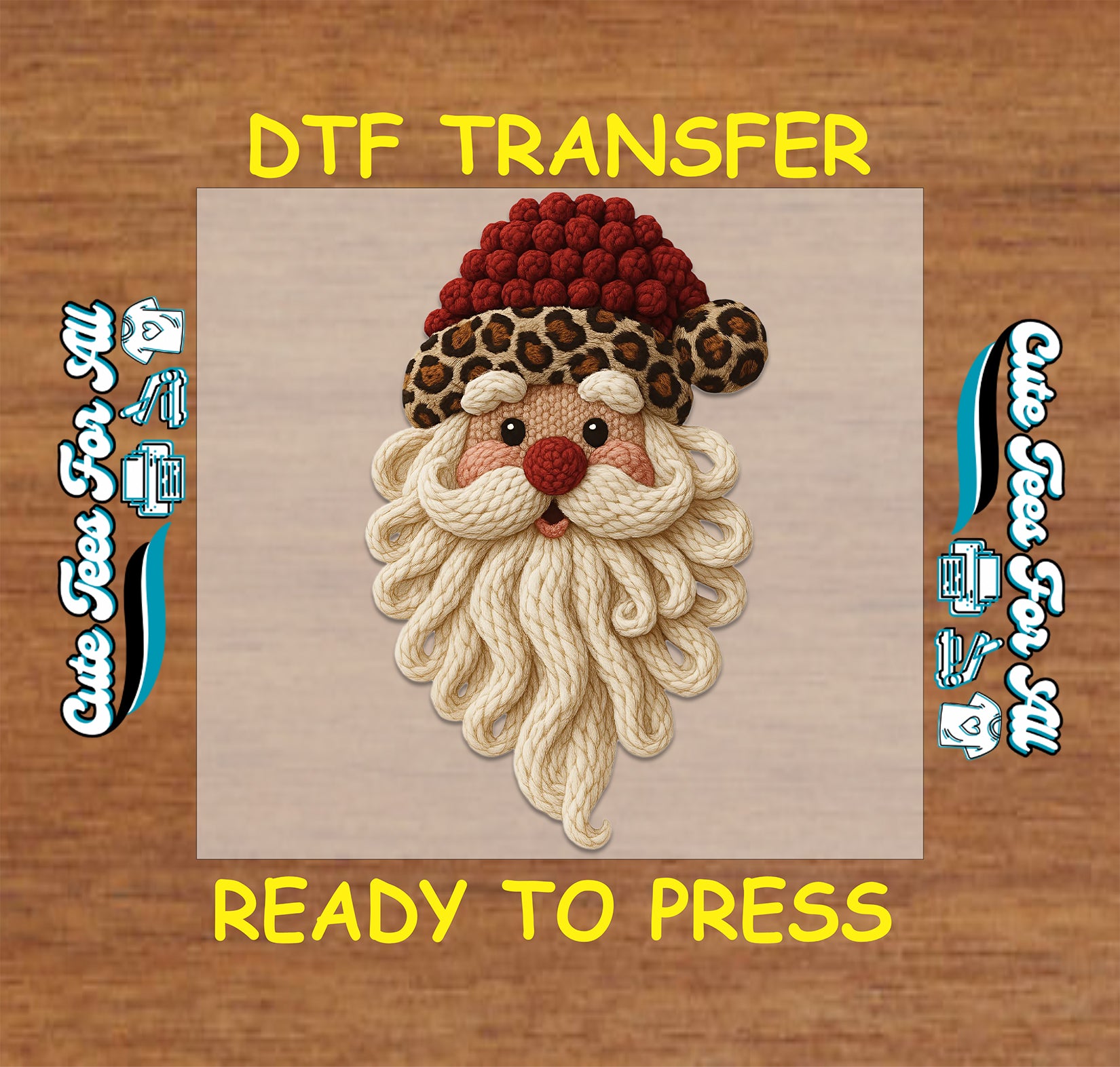 crochet style santa with leopard print hat and braided yarn beard ready to press dtf iron on heat transfer for diy christmas shirts