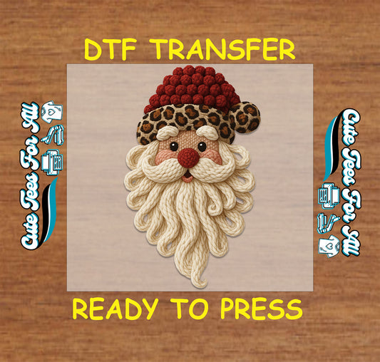 crochet style santa with leopard print hat and braided yarn beard ready to press dtf iron on heat transfer for diy christmas shirts