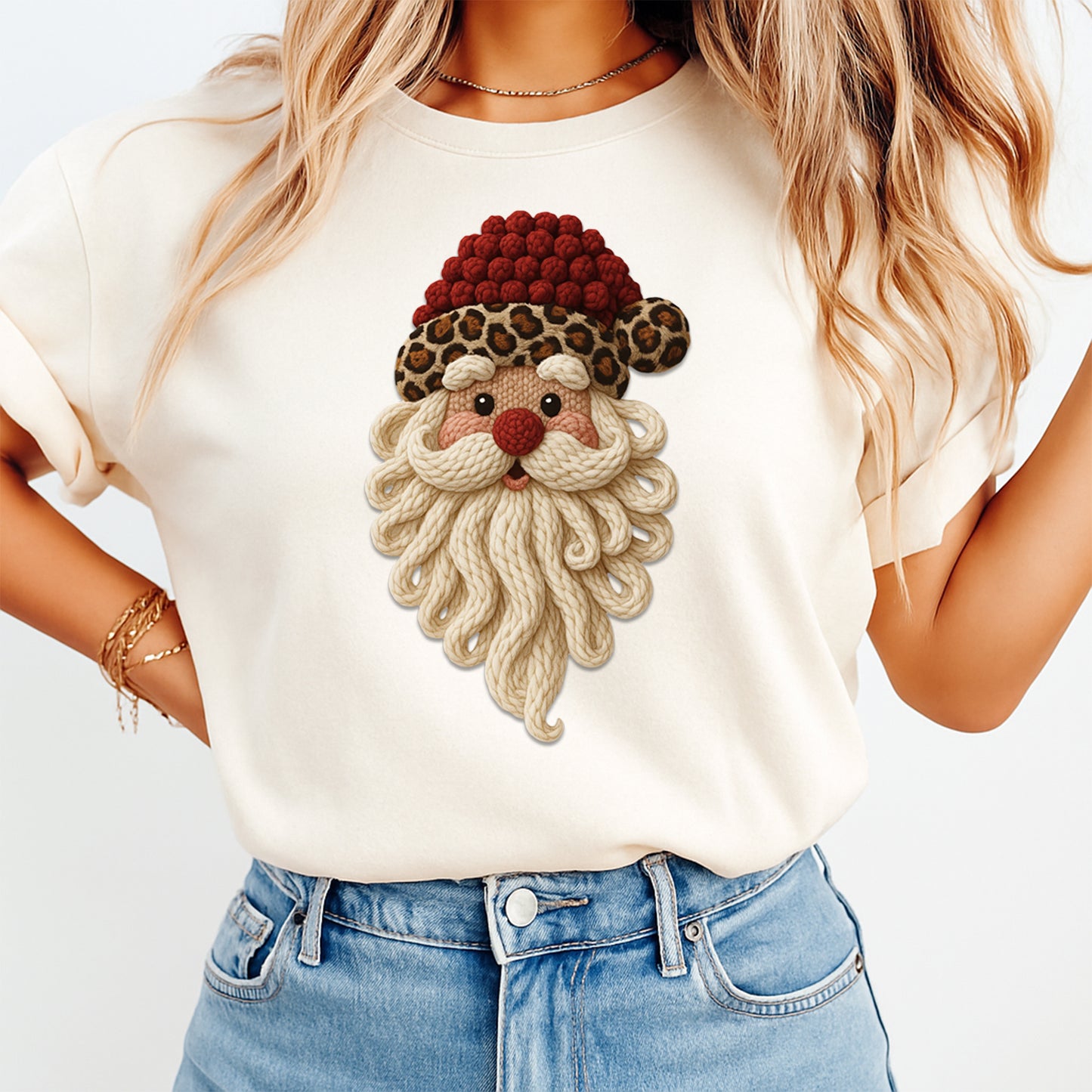 Christmas Leopard Santa DTF Transfer – Crochet Texture Holiday Iron On Heat Transfer for DIY Christmas Shirts 12129