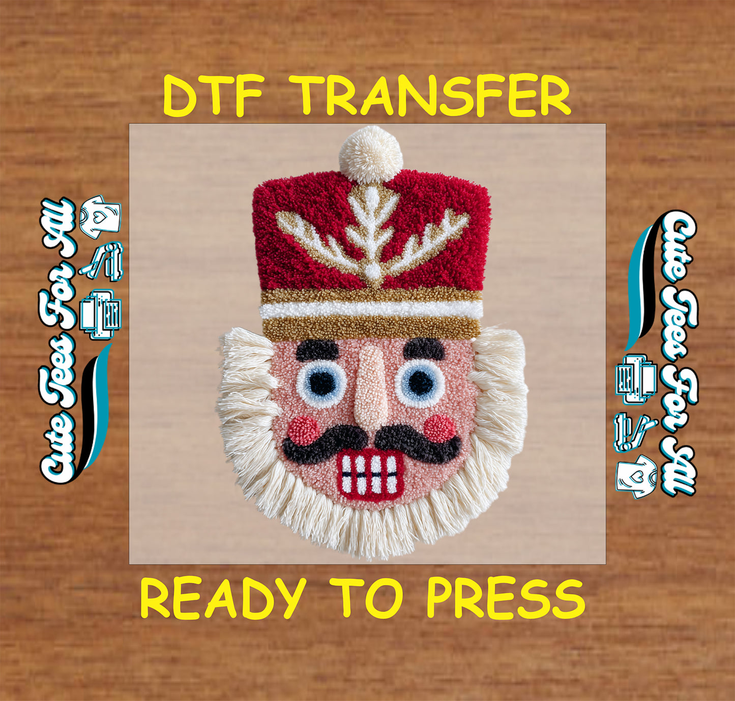 crochet style nutcracker with red hat gold details and yarn beard ready to press dtf iron on heat transfer for diy christmas shirts