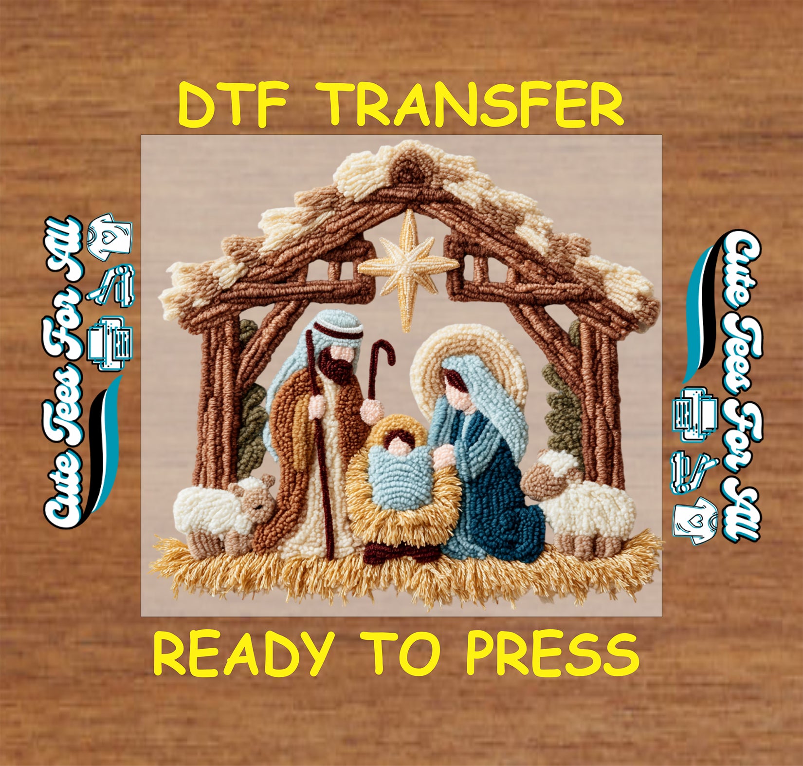 crochet style nativity scene with mary joseph baby jesus stable and star ready to press dtf iron on heat transfer for diy christmas shirts