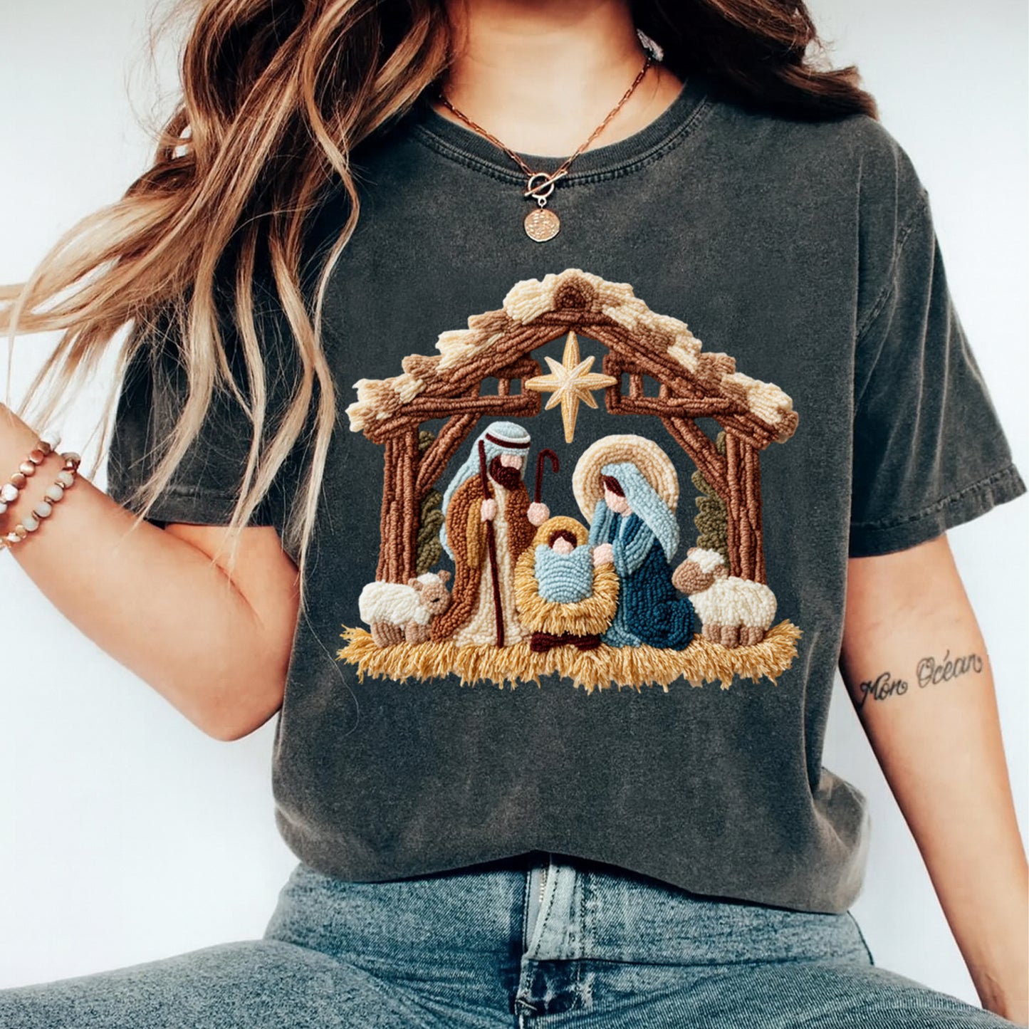Christmas Nativity Scene DTF Transfer – Crochet Texture Manger Iron On Heat Transfer for DIY Christmas Shirts 12133
