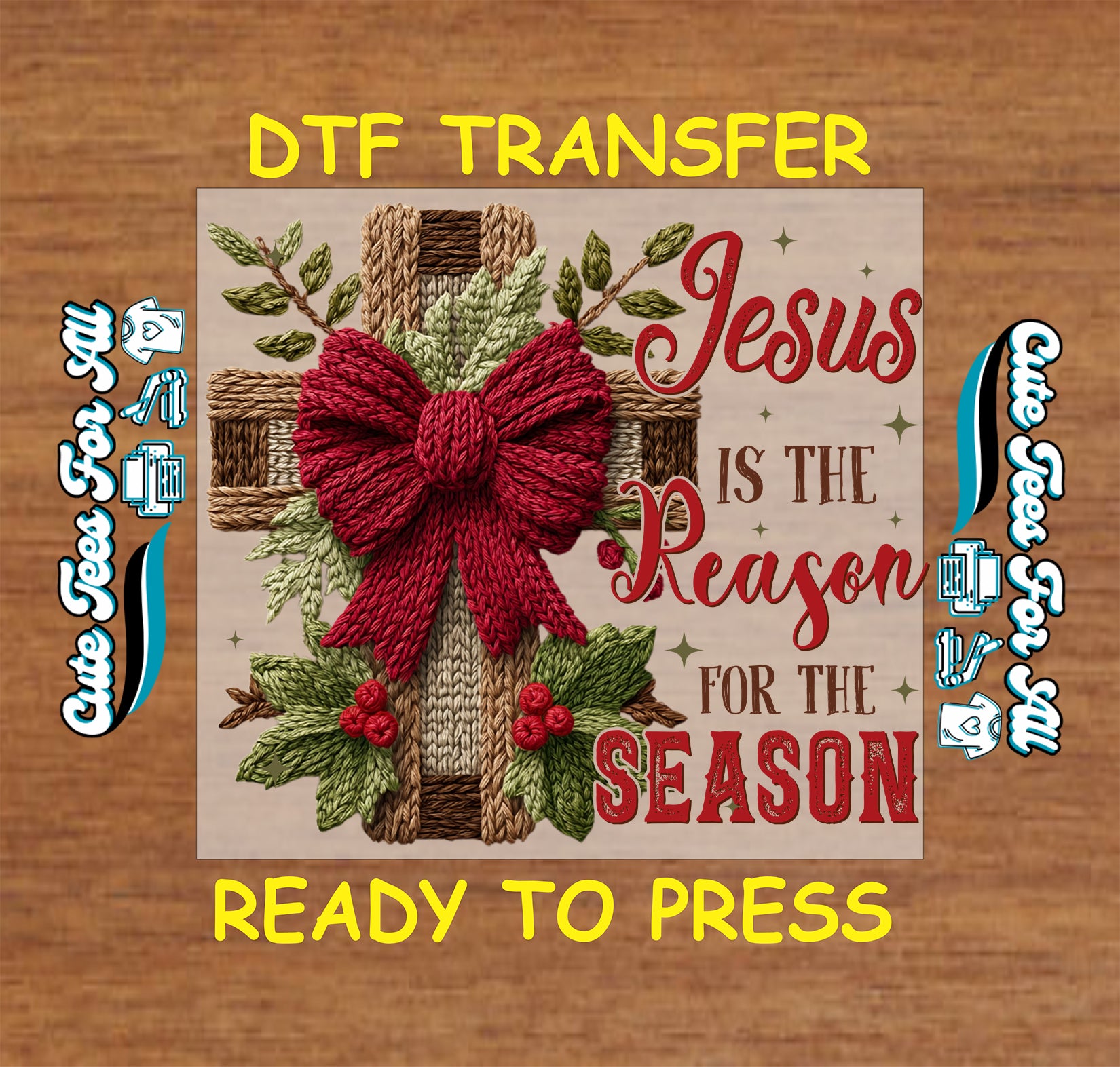 crochet style christmas cross with red bow holly leaves and text jesus is the reason ready to press dtf iron on heat transfer for diy christmas shirts