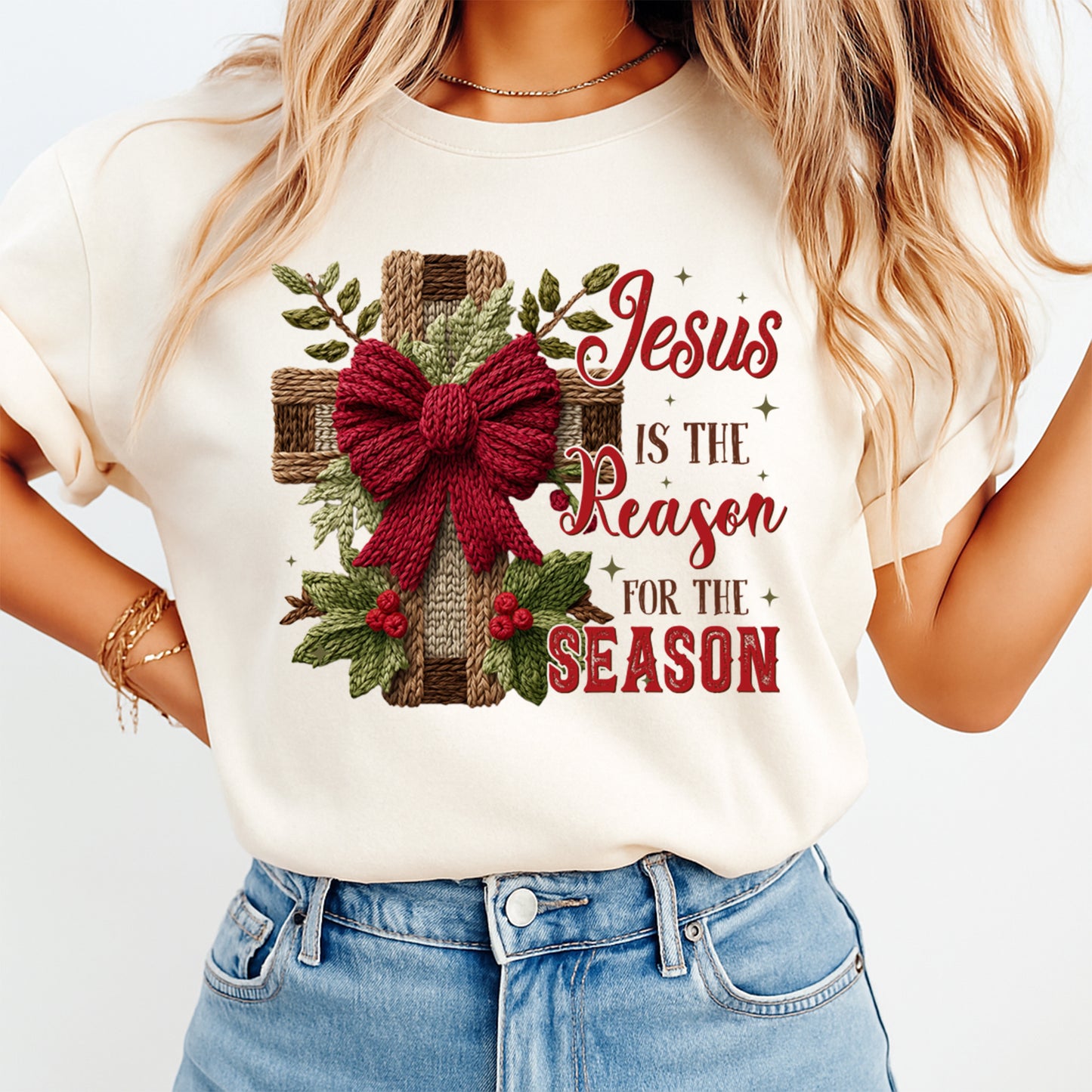 Christmas Cross Jesus Is the Reason DTF Transfer – Crochet Texture Holiday Iron On Heat Transfer for DIY Christmas Shirts 12134