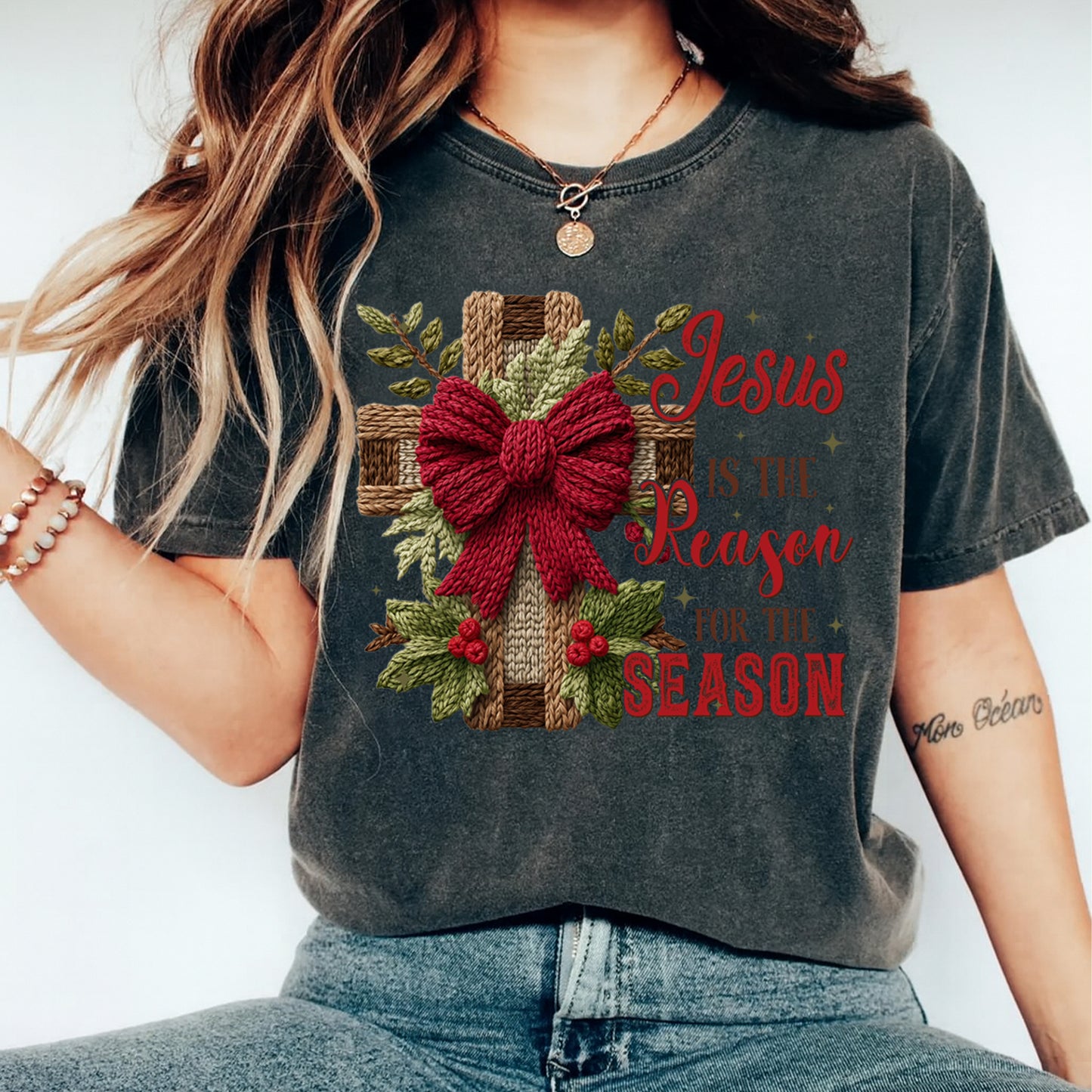 Christmas Cross Jesus Is the Reason DTF Transfer – Crochet Texture Holiday Iron On Heat Transfer for DIY Christmas Shirts 12134