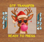 Christmas Reindeer Bubblegum DTF Transfer – Crochet Texture Holiday Iron On Heat Transfer for DIY Christmas Shirts 12135