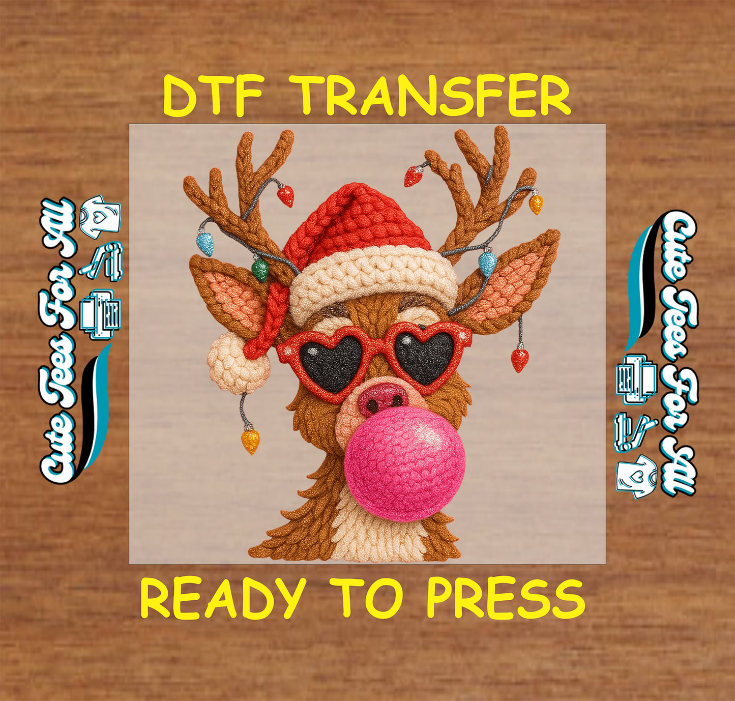 crochet style christmas reindeer with santa hat heart sunglasses bubblegum and lights ready to press dtf iron on heat transfer for diy christmas shirts