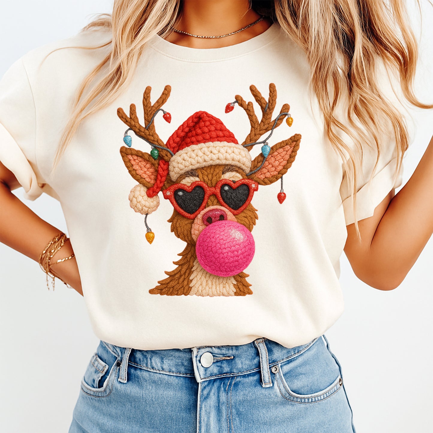 Christmas Reindeer Bubblegum DTF Transfer – Crochet Texture Holiday Iron On Heat Transfer for DIY Christmas Shirts 12135