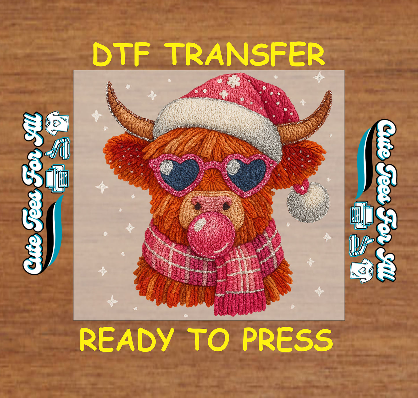 crochet style christmas highland cow with santa hat heart sunglasses plaid scarf and bubblegum ready to press dtf iron on heat transfer for diy christmas shirts