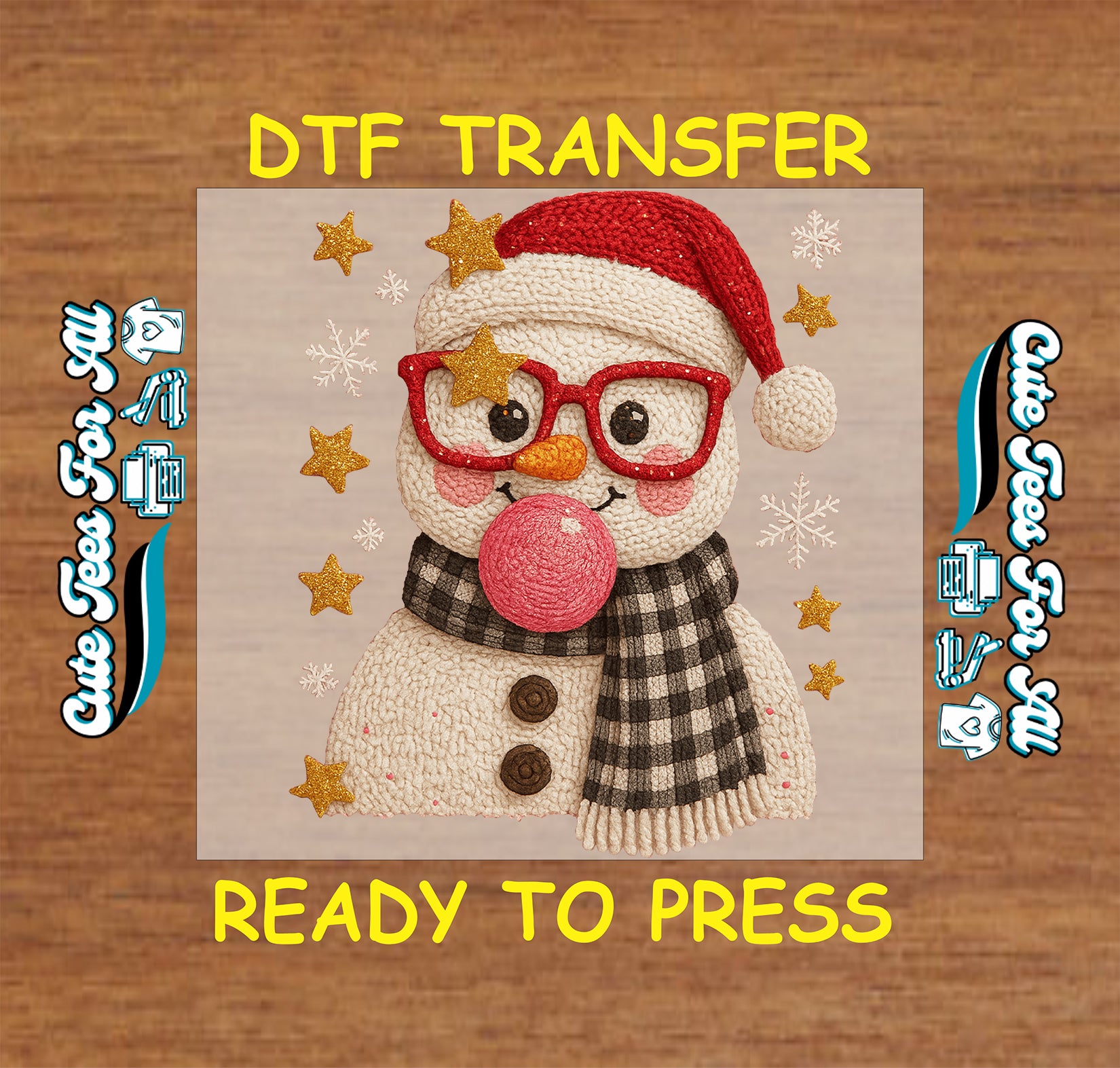 crochet style christmas snowman with santa hat plaid scarf red glasses and bubblegum ready to press dtf iron on heat transfer for diy christmas shirts