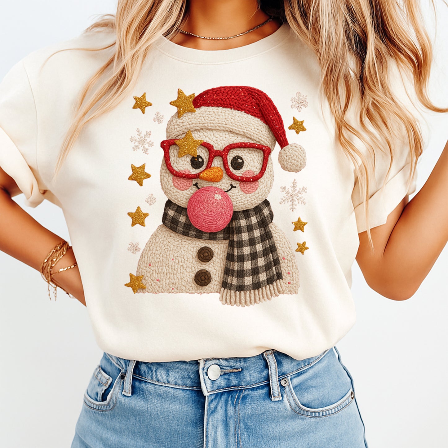Christmas Snowman Bubblegum DTF Transfer – Crochet Texture Santa Hat Iron On Heat Transfer for DIY Christmas Shirts 12138