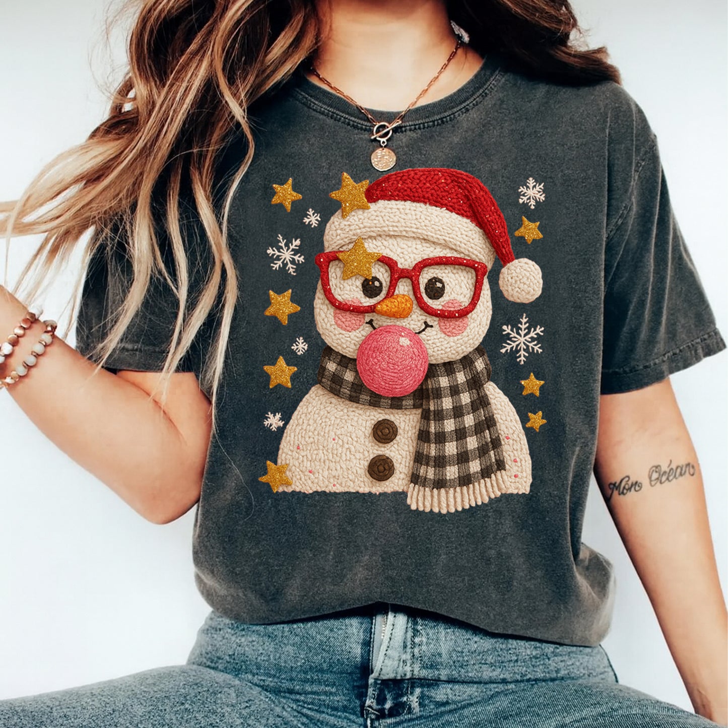 Christmas Snowman Bubblegum DTF Transfer – Crochet Texture Santa Hat Iron On Heat Transfer for DIY Christmas Shirts 12138