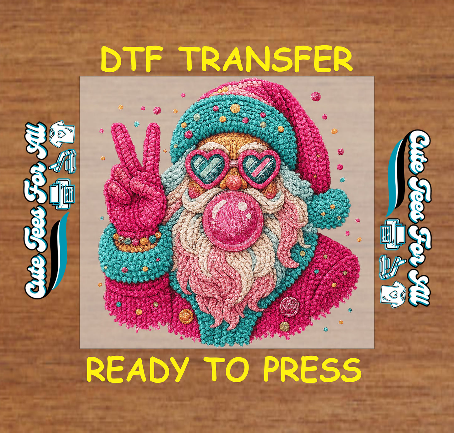 crochet style colorful santa peace sign heart sunglasses and bubblegum ready to press dtf iron on heat transfer for diy christmas shirts