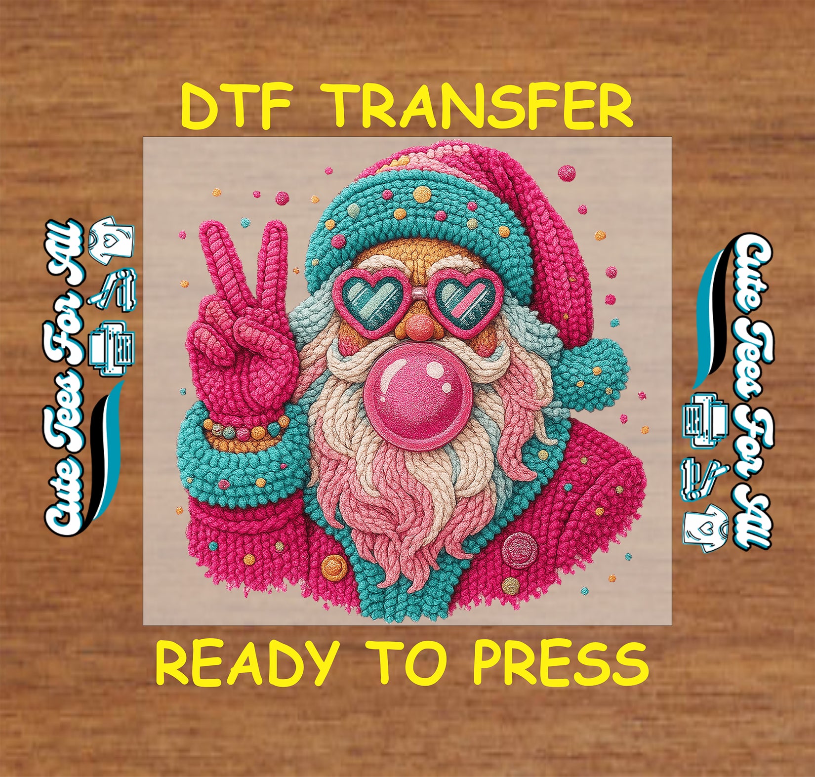 crochet style colorful santa peace sign heart sunglasses and bubblegum ready to press dtf iron on heat transfer for diy christmas shirts