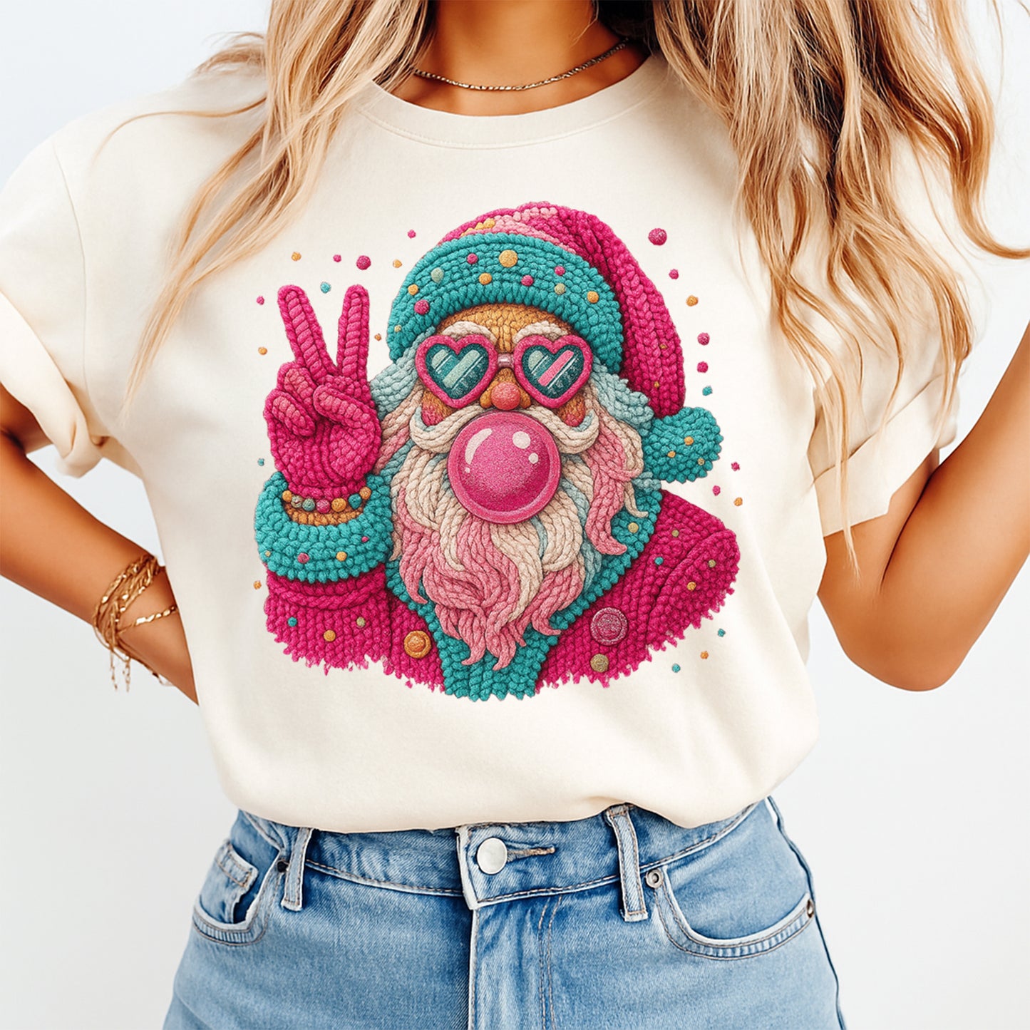 Christmas Peace Sign Santa Bubblegum DTF Transfer – Crochet Texture Holiday Iron On Heat Transfer for DIY Christmas Shirts 12140