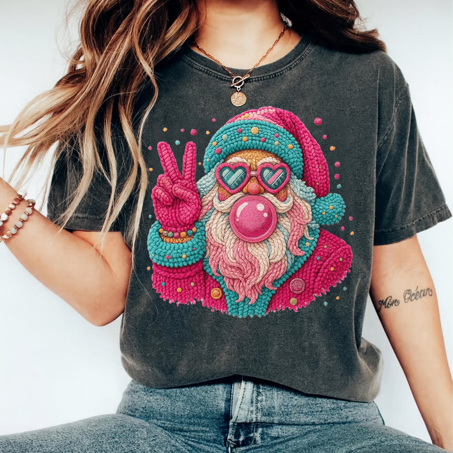 Christmas Peace Sign Santa Bubblegum DTF Transfer – Crochet Texture Holiday Iron On Heat Transfer for DIY Christmas Shirts 12140