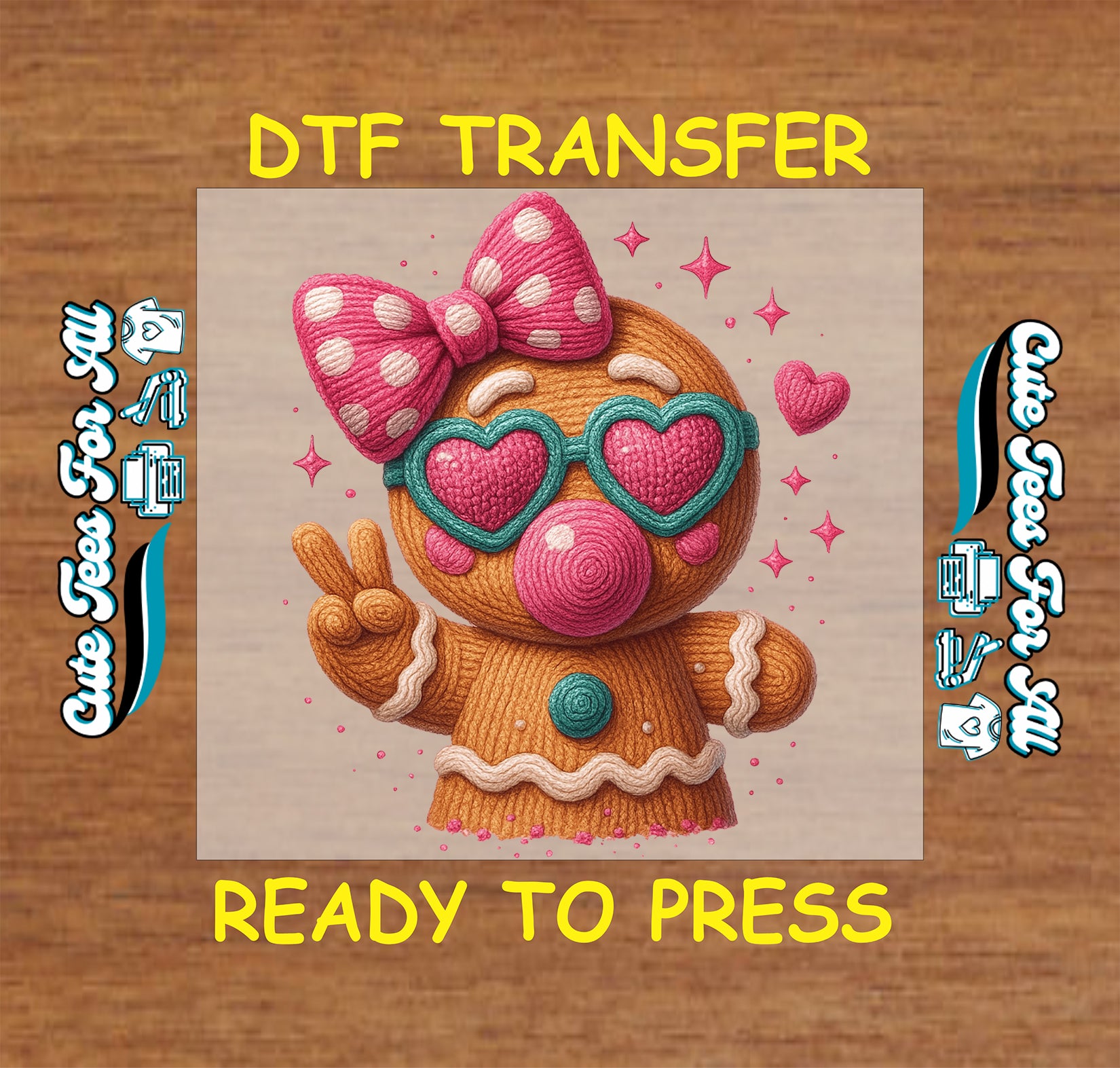 crochet style gingerbread girl with pink bow heart sunglasses peace sign and bubblegum ready to press dtf iron on heat transfer for diy christmas shirts