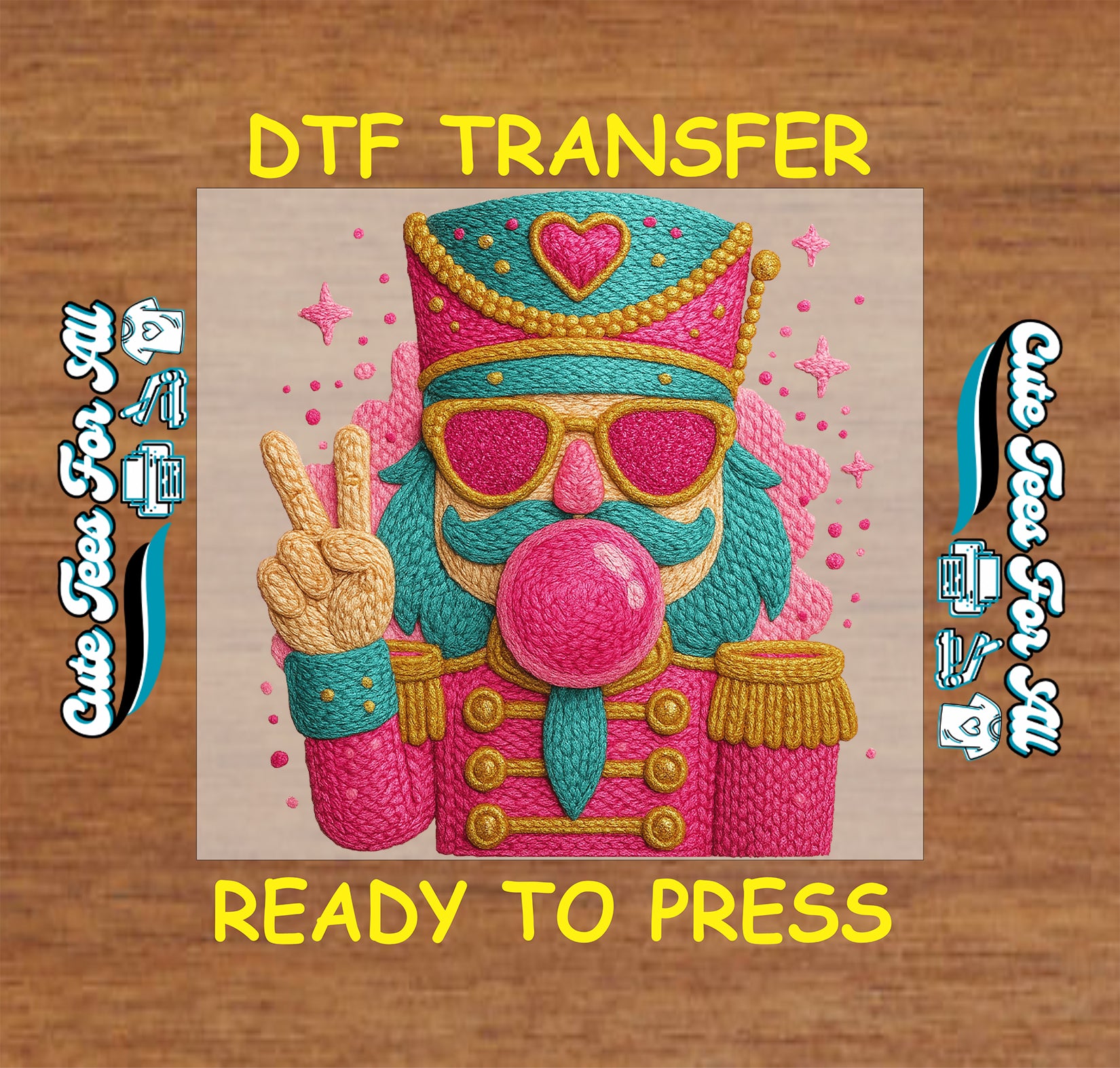 crochet style colorful nutcracker with sunglasses peace sign and bubblegum ready to press dtf iron on heat transfer for diy christmas shirts