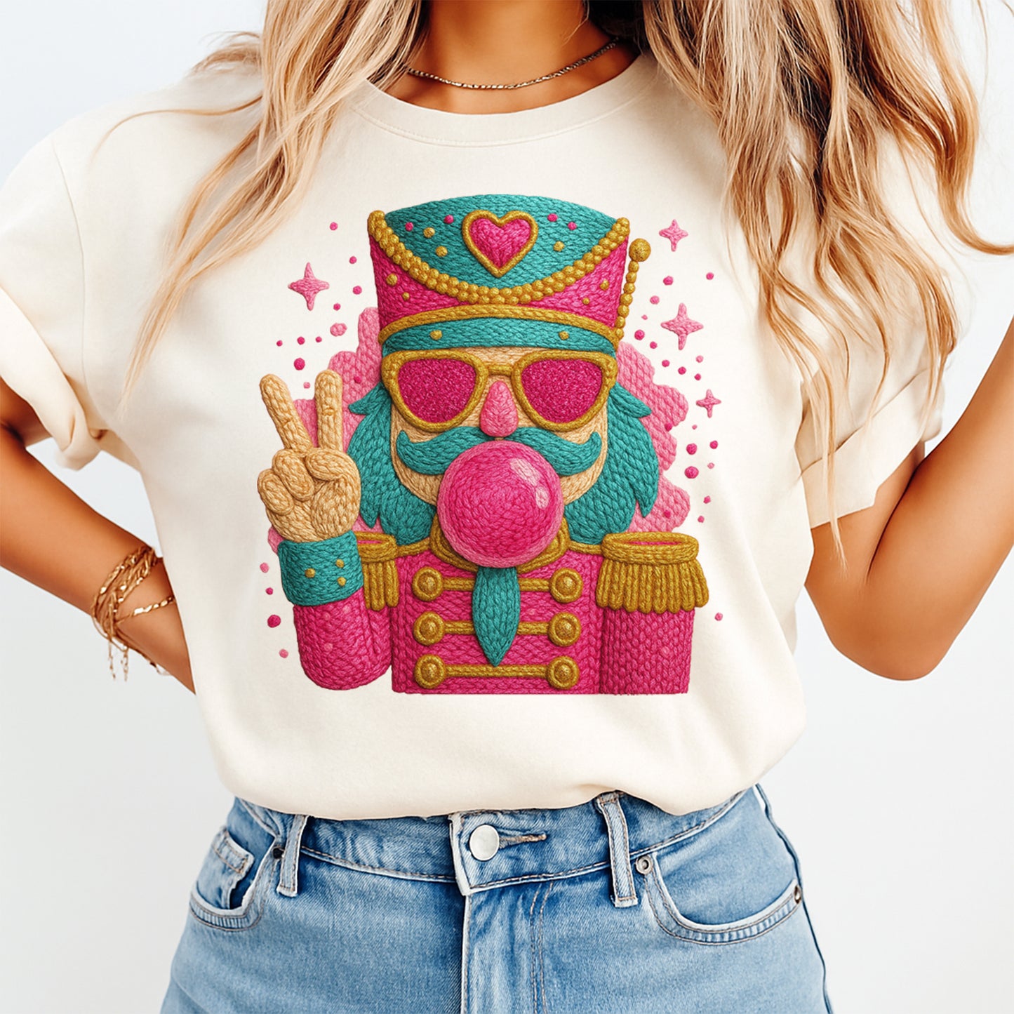 Christmas Nutcracker Bubblegum DTF Transfer – Crochet Texture Peace Sign Holiday Iron On Heat Transfer for DIY Christmas Shirts 12142