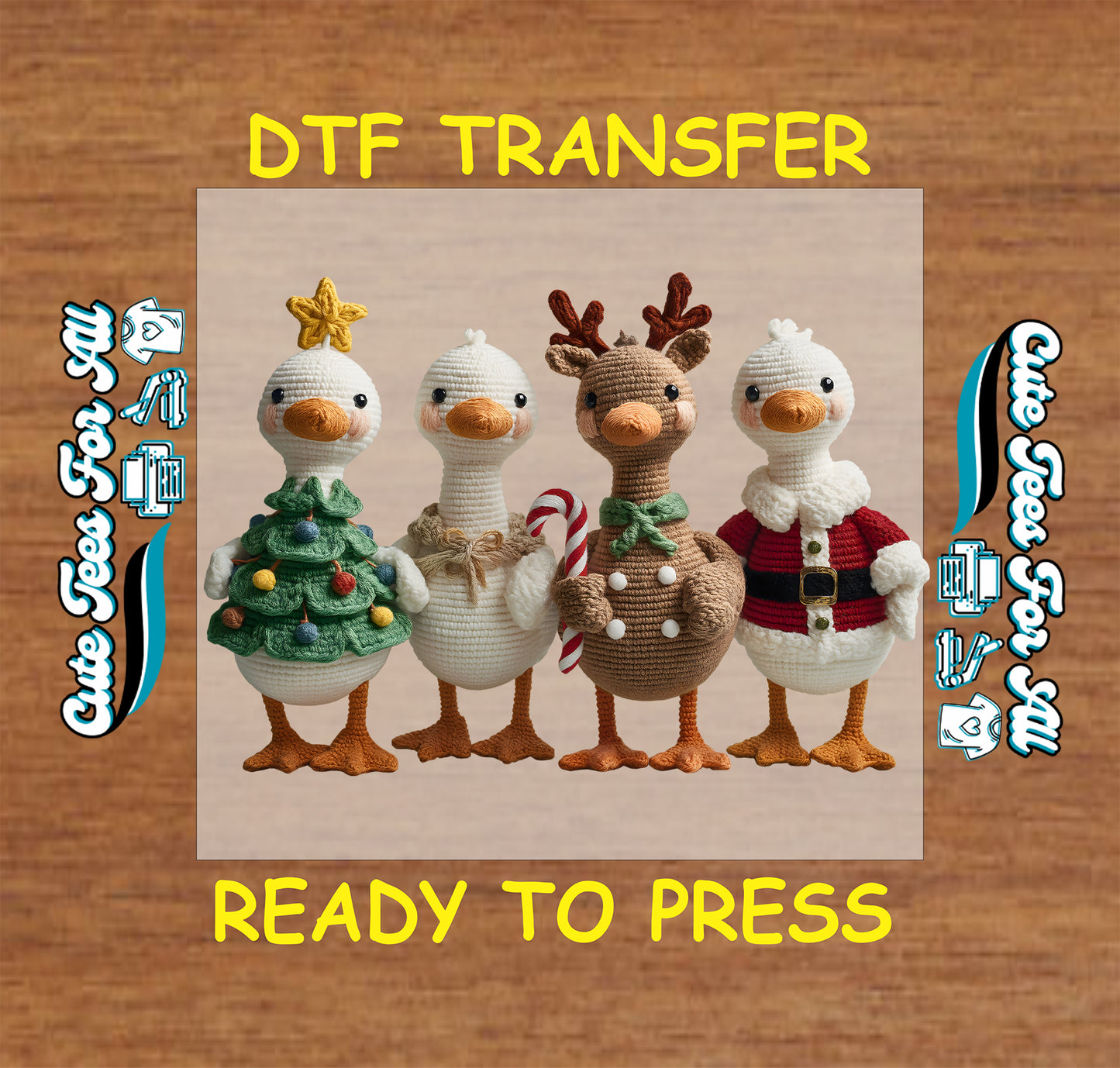 crochet style christmas ducks dressed as tree angel reindeer and santa ready to press dtf iron on heat transfer for diy christmas shirts