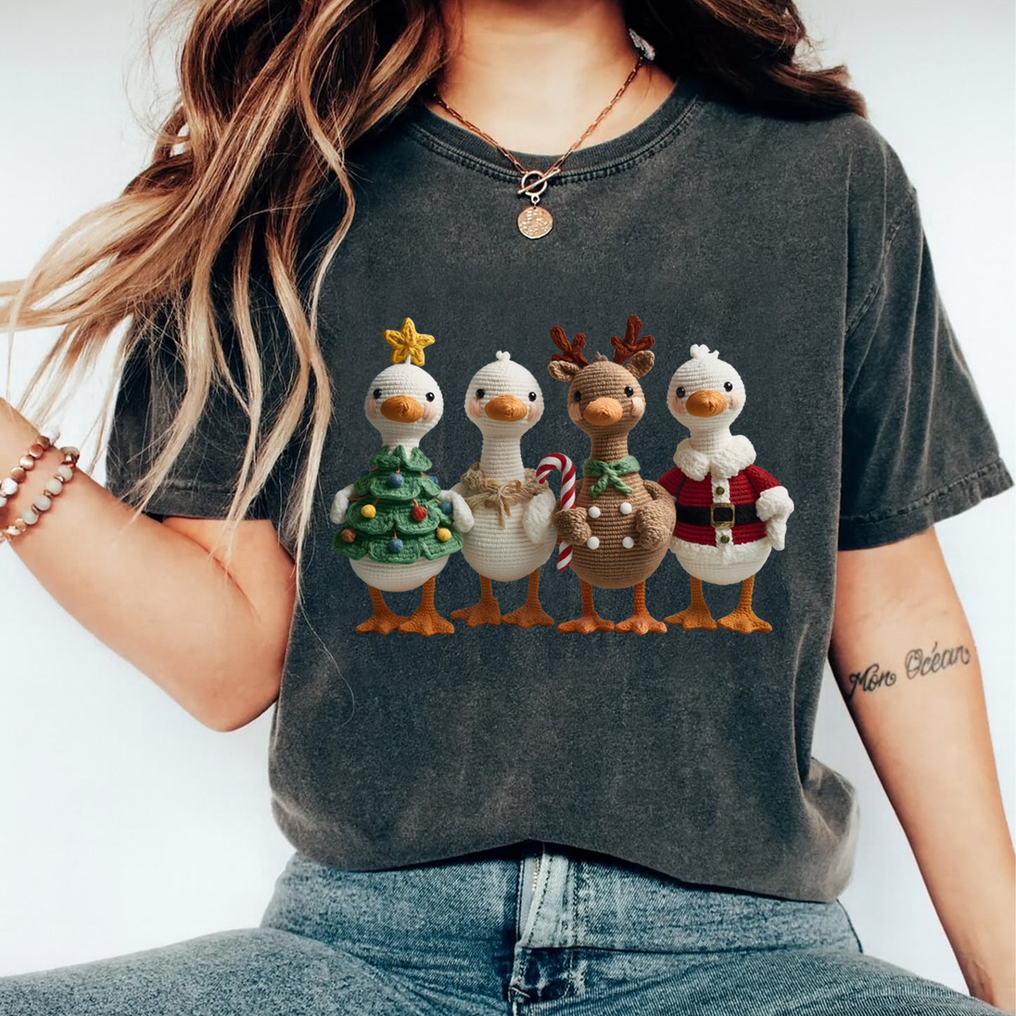 Christmas Crochet Ducks DTF Transfer – Tree, Angel, Reindeer & Santa Iron On Heat Transfer for DIY Christmas Shirts 12143