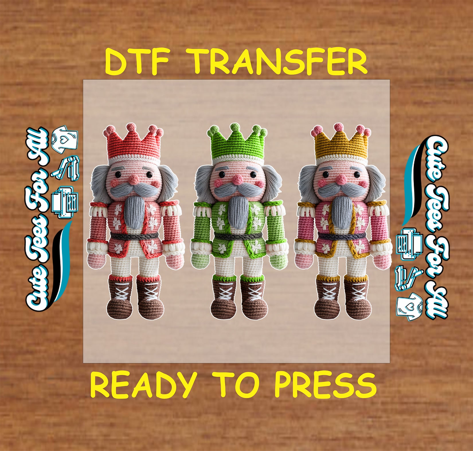 crochet style trio of nutcrackers in red green and gold outfits ready to press dtf iron on heat transfer for diy christmas shirts