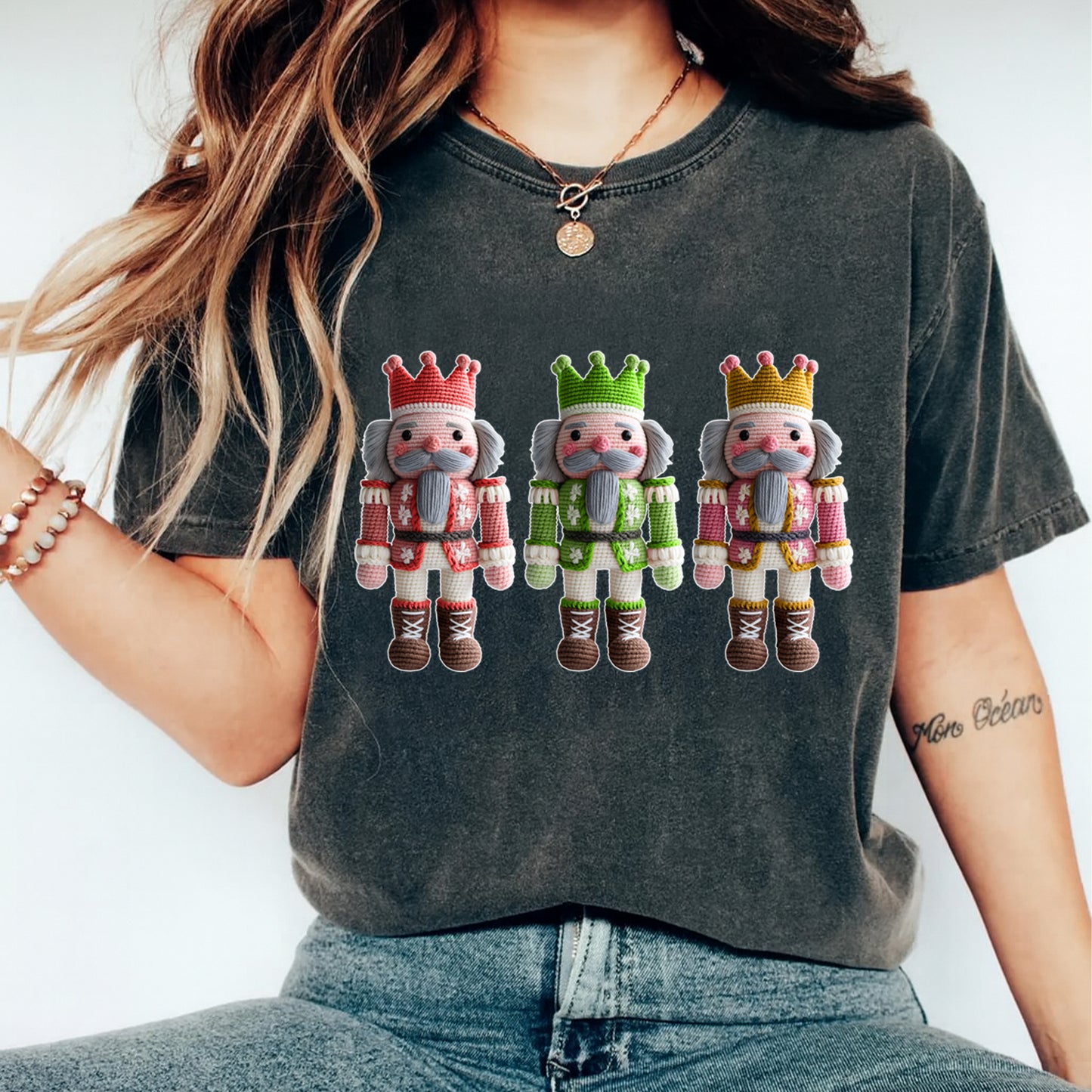 Christmas Nutcracker Trio DTF Transfer – Crochet Texture Holiday Iron On Heat Transfer for DIY Christmas Shirts 12144