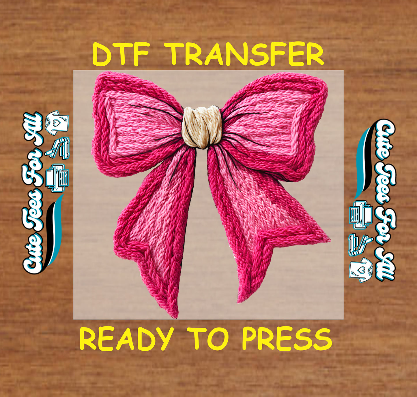 crochet style pink christmas bow with yarn texture ready to press dtf iron on heat transfer for diy christmas shirts