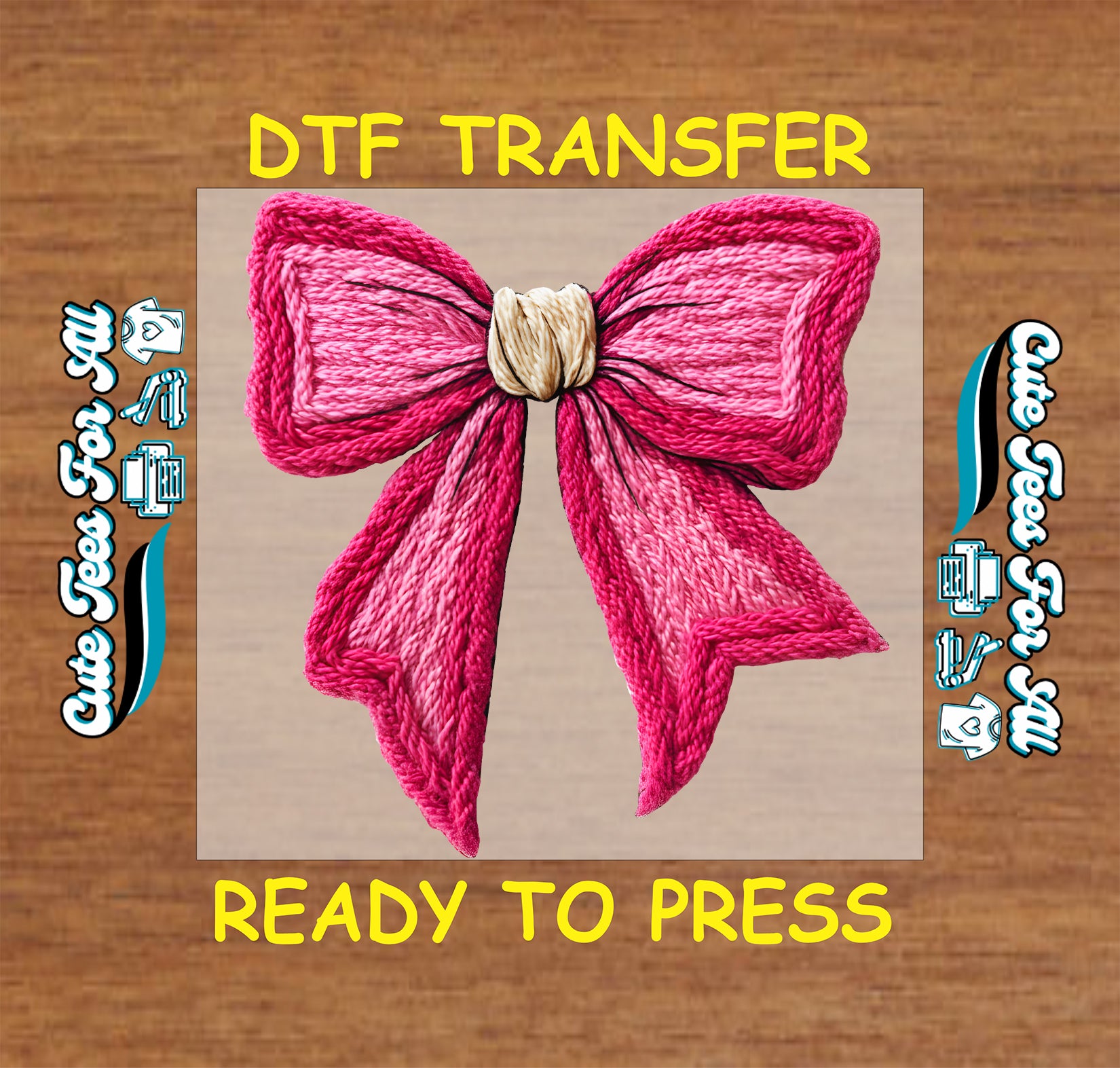 crochet style pink christmas bow with yarn texture ready to press dtf iron on heat transfer for diy christmas shirts