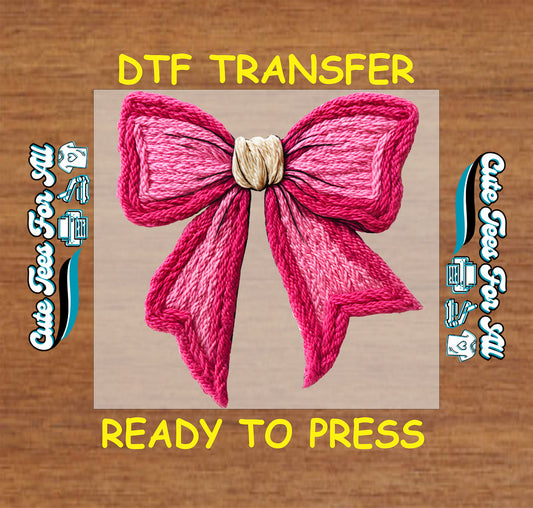 crochet style pink christmas bow with yarn texture ready to press dtf iron on heat transfer for diy christmas shirts