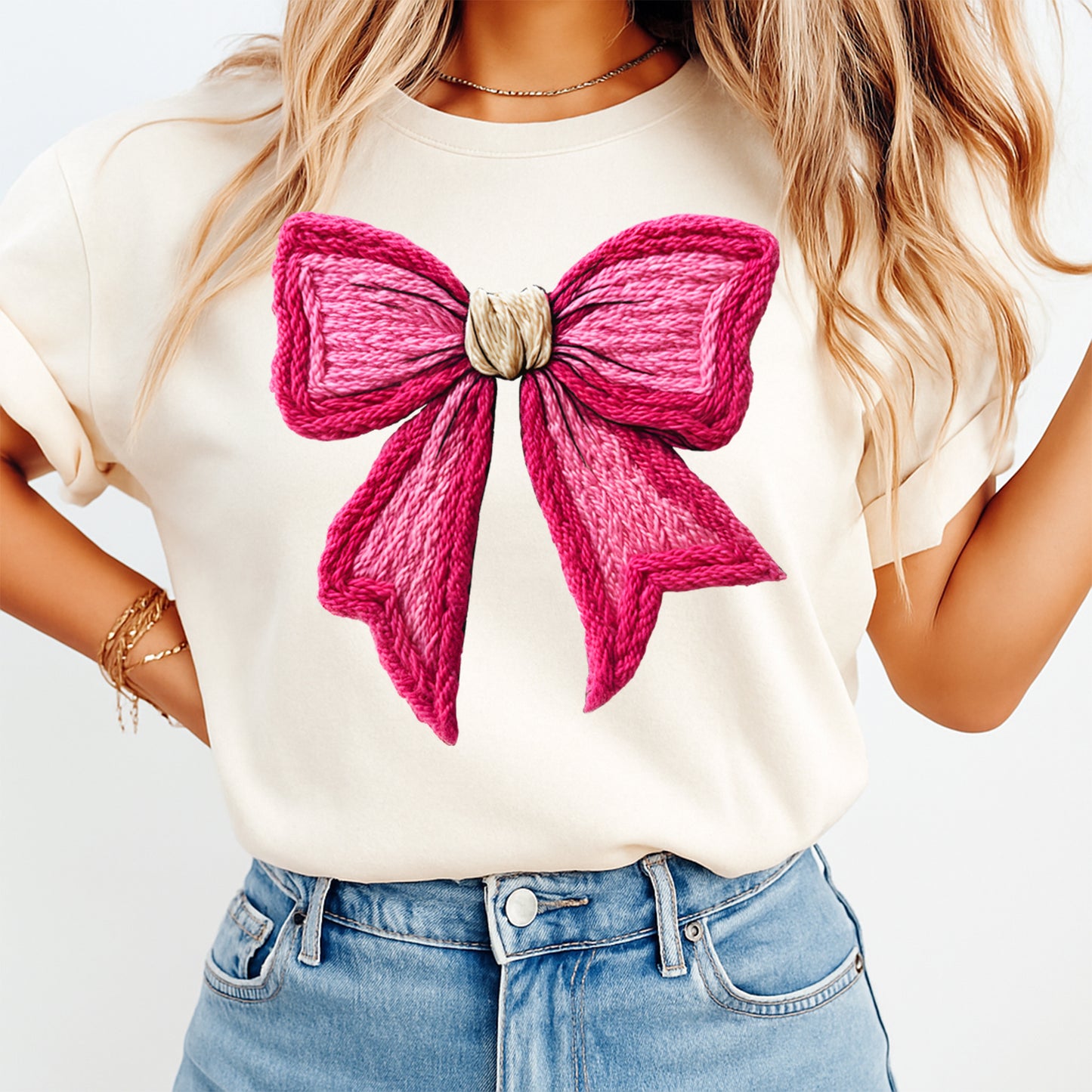 Christmas Pink Bow DTF Transfer – Crochet Texture Holiday Iron On Heat Transfer for DIY Christmas Shirts 12145