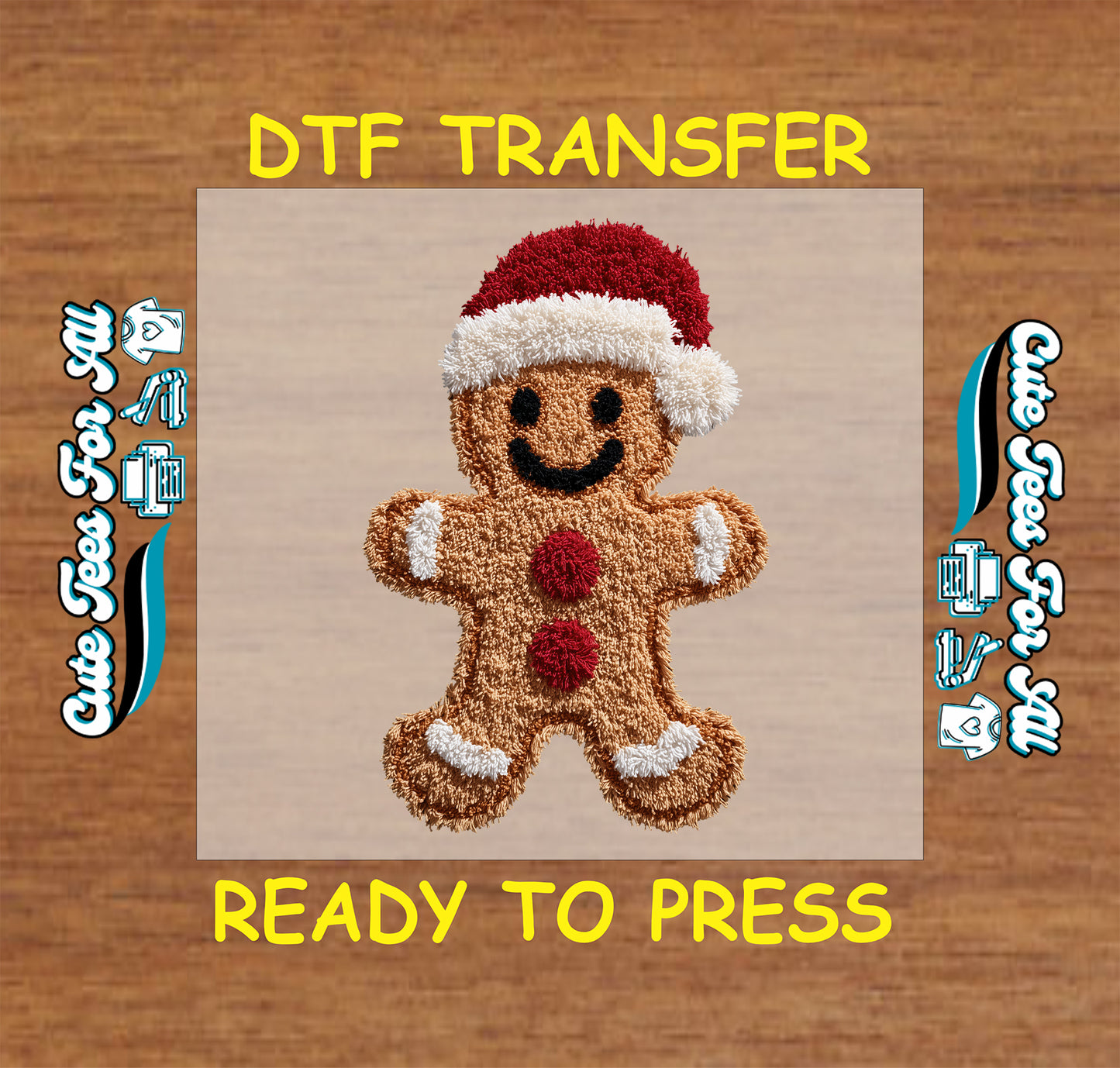 crochet style gingerbread man with santa hat and red buttons ready to press dtf iron on heat transfer for diy christmas shirts