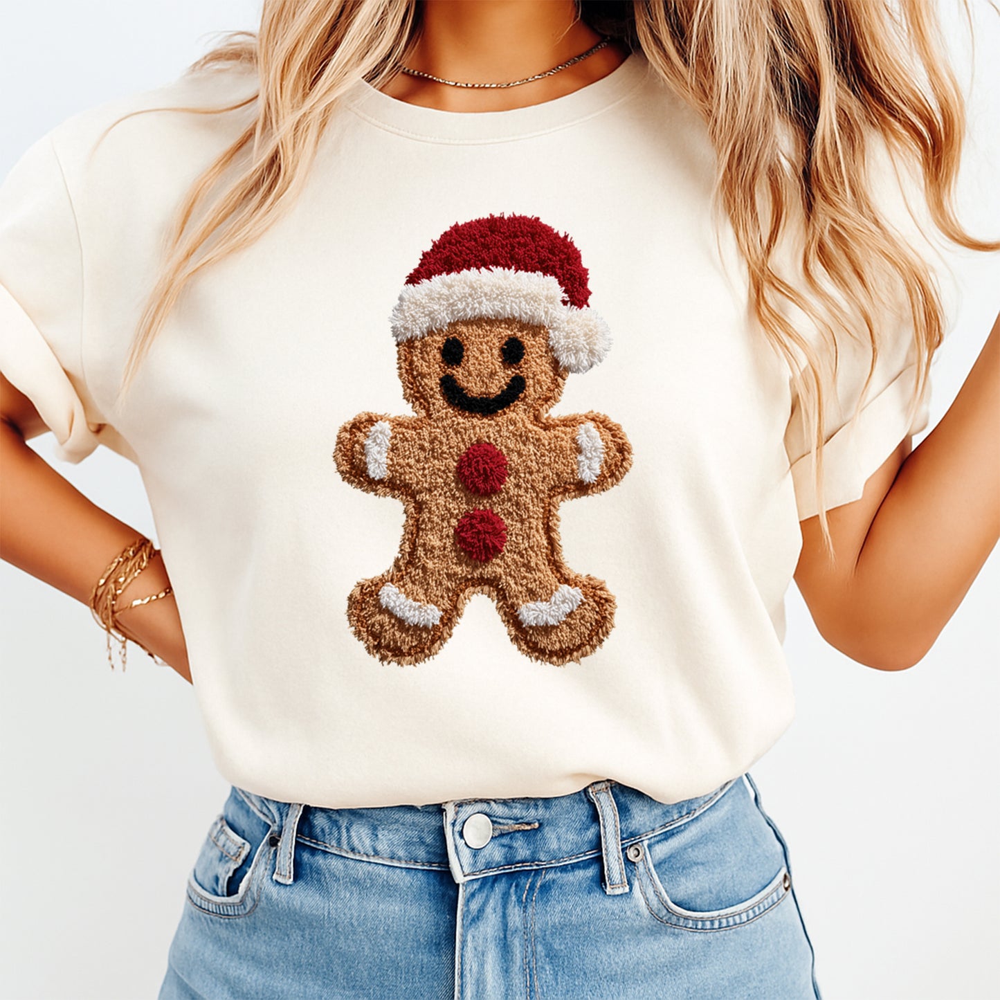 Christmas Gingerbread Santa DTF Transfer – Crochet Texture Holiday Iron On Heat Transfer for DIY Christmas Shirts 12146