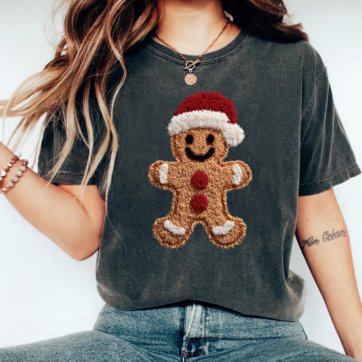 Christmas Gingerbread Santa DTF Transfer – Crochet Texture Holiday Iron On Heat Transfer for DIY Christmas Shirts 12146