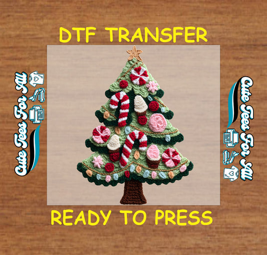 crochet style christmas tree with candy canes peppermints cupcakes and sweets ready to press dtf iron on heat transfer for diy christmas shirts