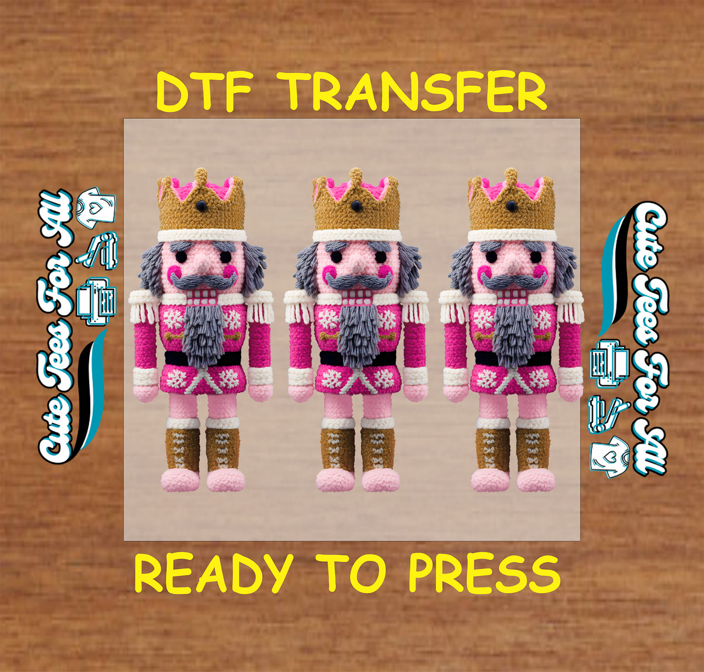 crochet style pink nutcracker trio with yarn texture crowns and festive outfits ready to press dtf iron on heat transfer for diy christmas shirts