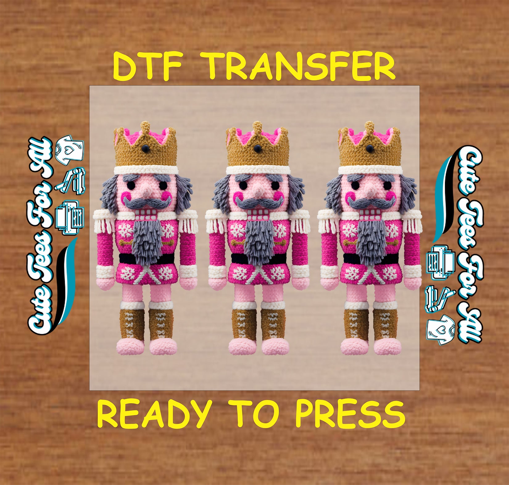 crochet style pink nutcracker trio with yarn texture crowns and festive outfits ready to press dtf iron on heat transfer for diy christmas shirts
