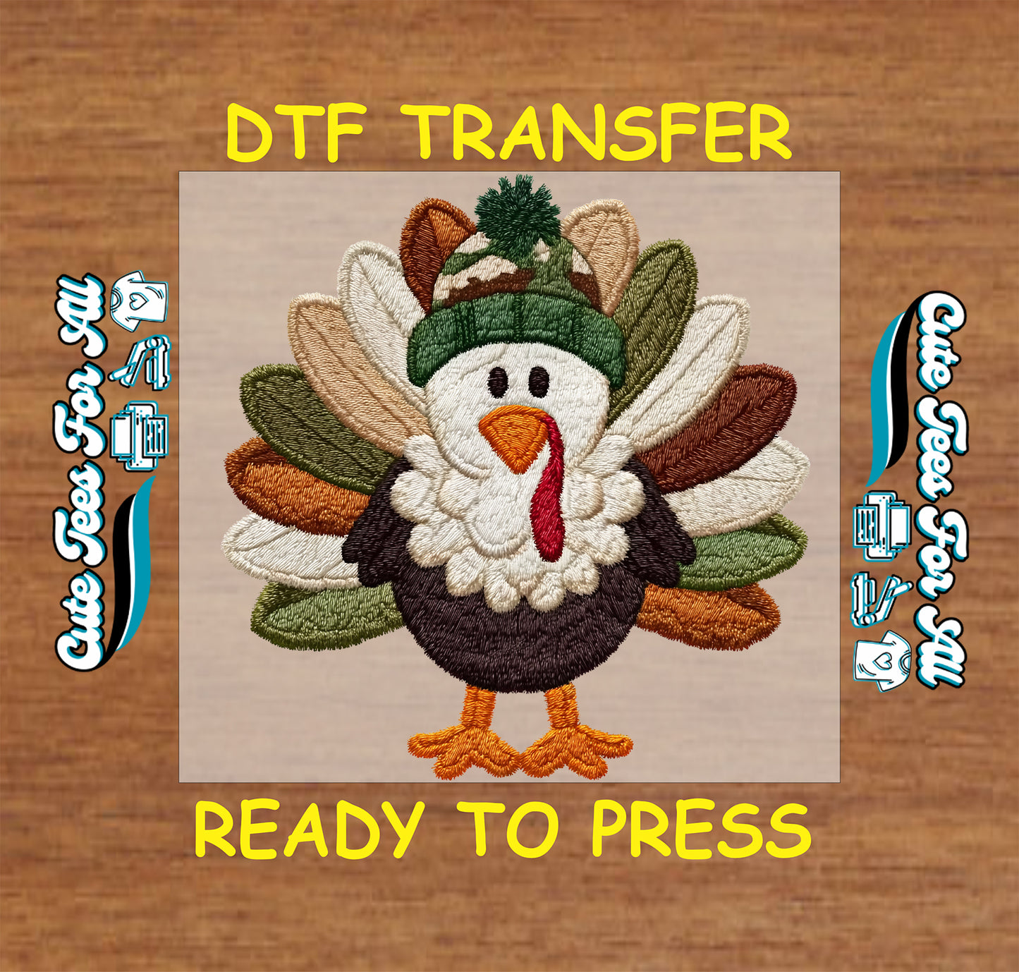 crochet style thanksgiving turkey with fall feathers and green camo beanie ready to press dtf iron on heat transfer for diy fall shirts