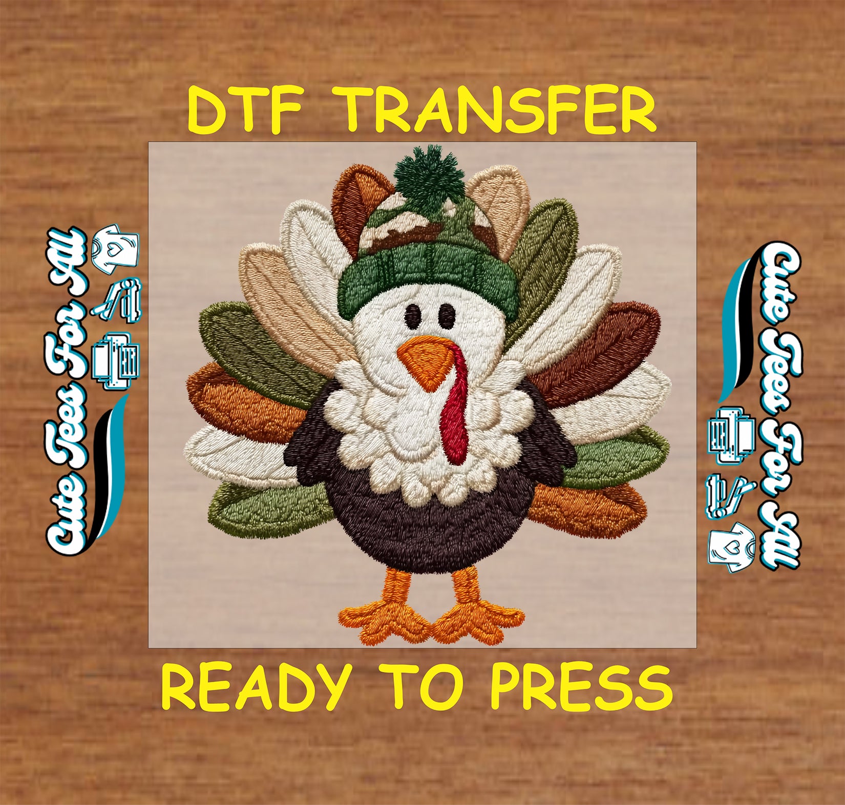 crochet style thanksgiving turkey with fall feathers and green camo beanie ready to press dtf iron on heat transfer for diy fall shirts