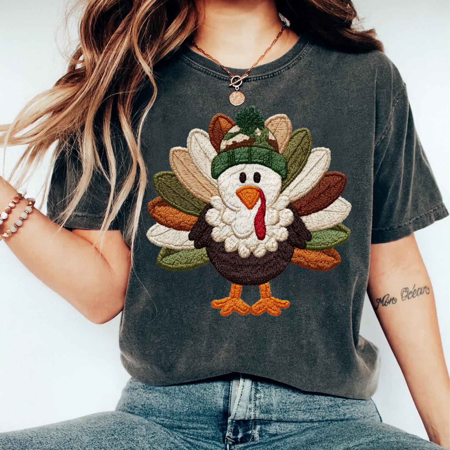 Thanksgiving Turkey DTF Transfer – Crochet Texture Fall Iron On Heat Transfer for DIY Fall Shirts 12149