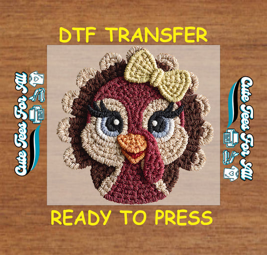 crochet style girl turkey with yellow bow expressive eyes and yarn feathers ready to press dtf iron on heat transfer for diy fall shirts
