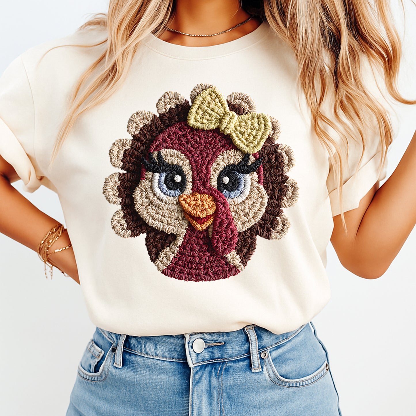Thanksgiving Girl Turkey DTF Transfer – Crochet Texture Fall Iron On Heat Transfer for DIY Fall Shirts 12150