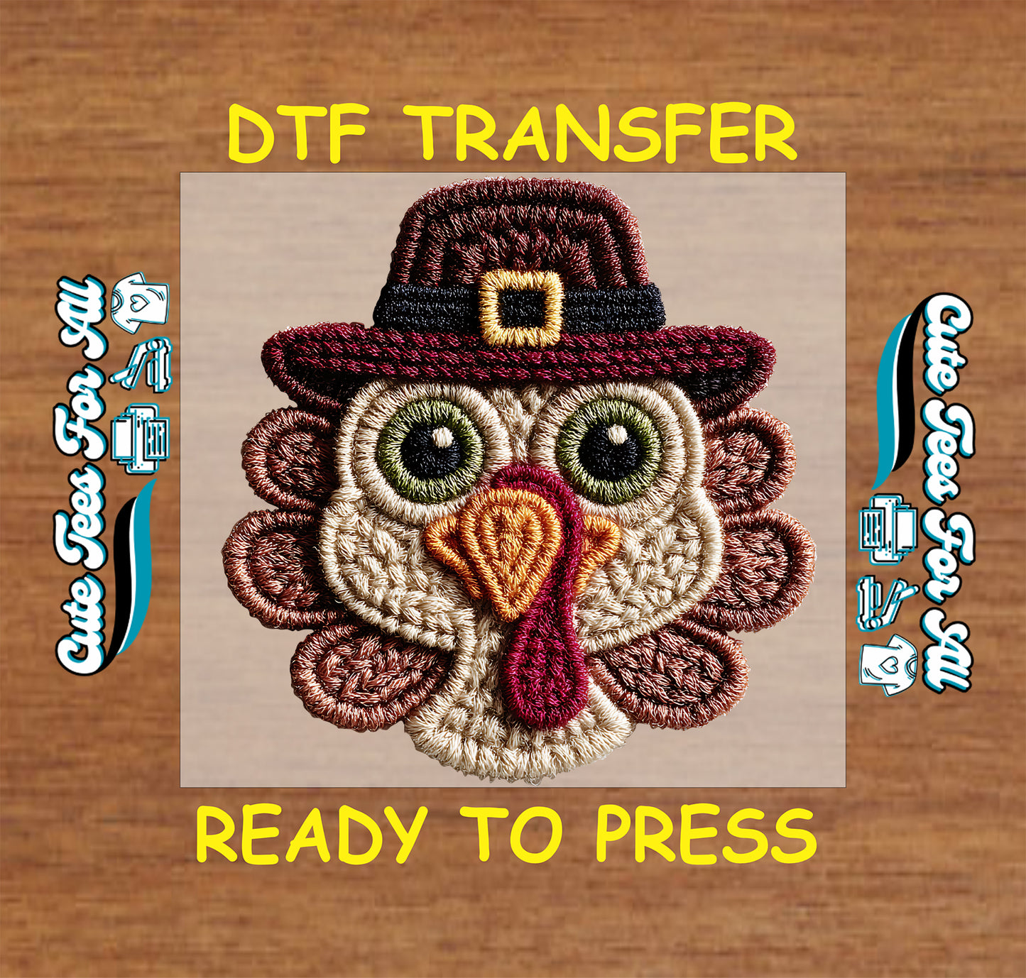 crochet style thanksgiving turkey with pilgrim hat expressive eyes and yarn feathers ready to press dtf iron on heat transfer for diy fall shirts