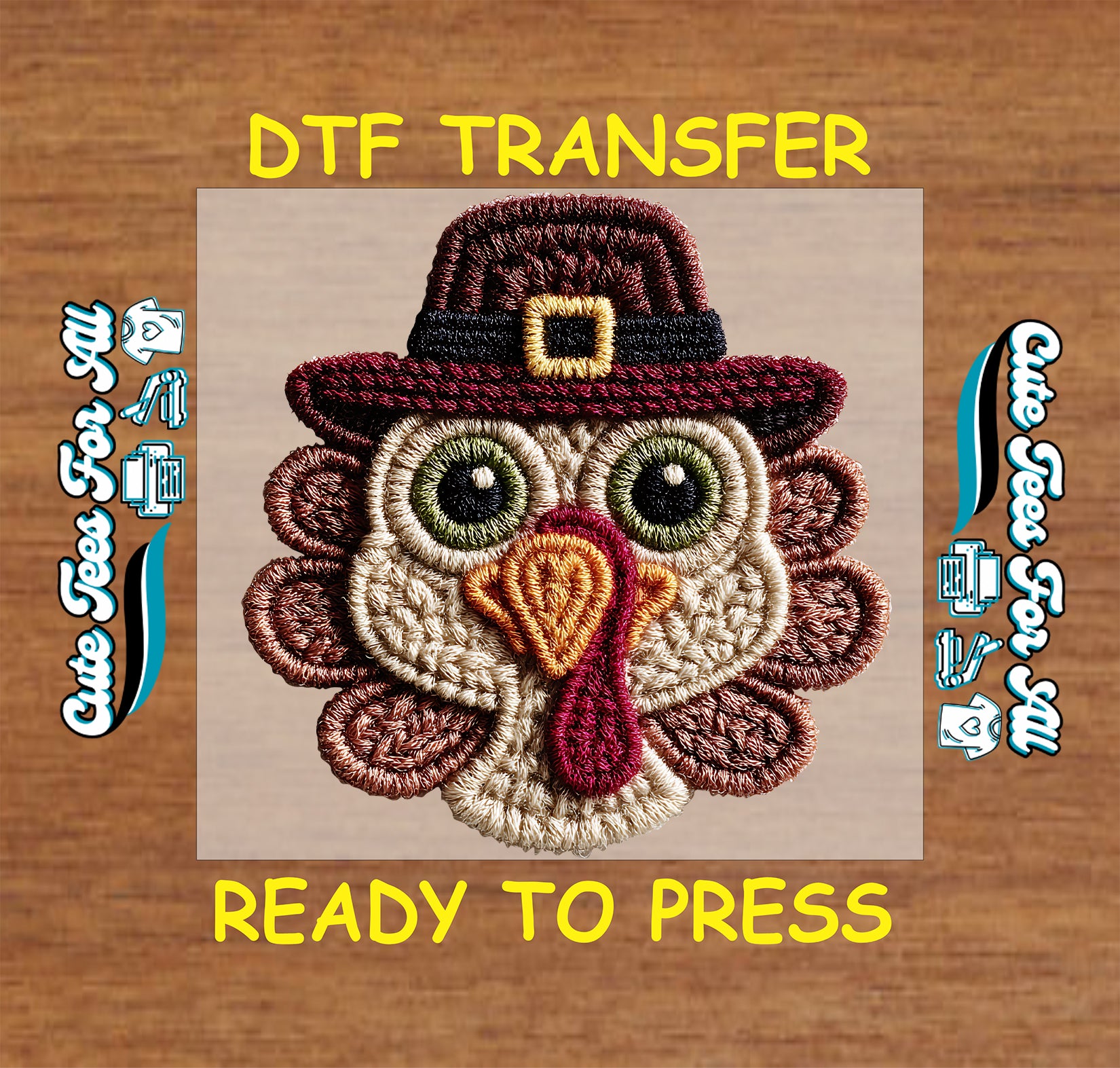 crochet style thanksgiving turkey with pilgrim hat expressive eyes and yarn feathers ready to press dtf iron on heat transfer for diy fall shirts