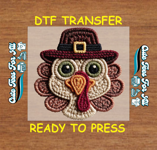 crochet style thanksgiving turkey with pilgrim hat expressive eyes and yarn feathers ready to press dtf iron on heat transfer for diy fall shirts
