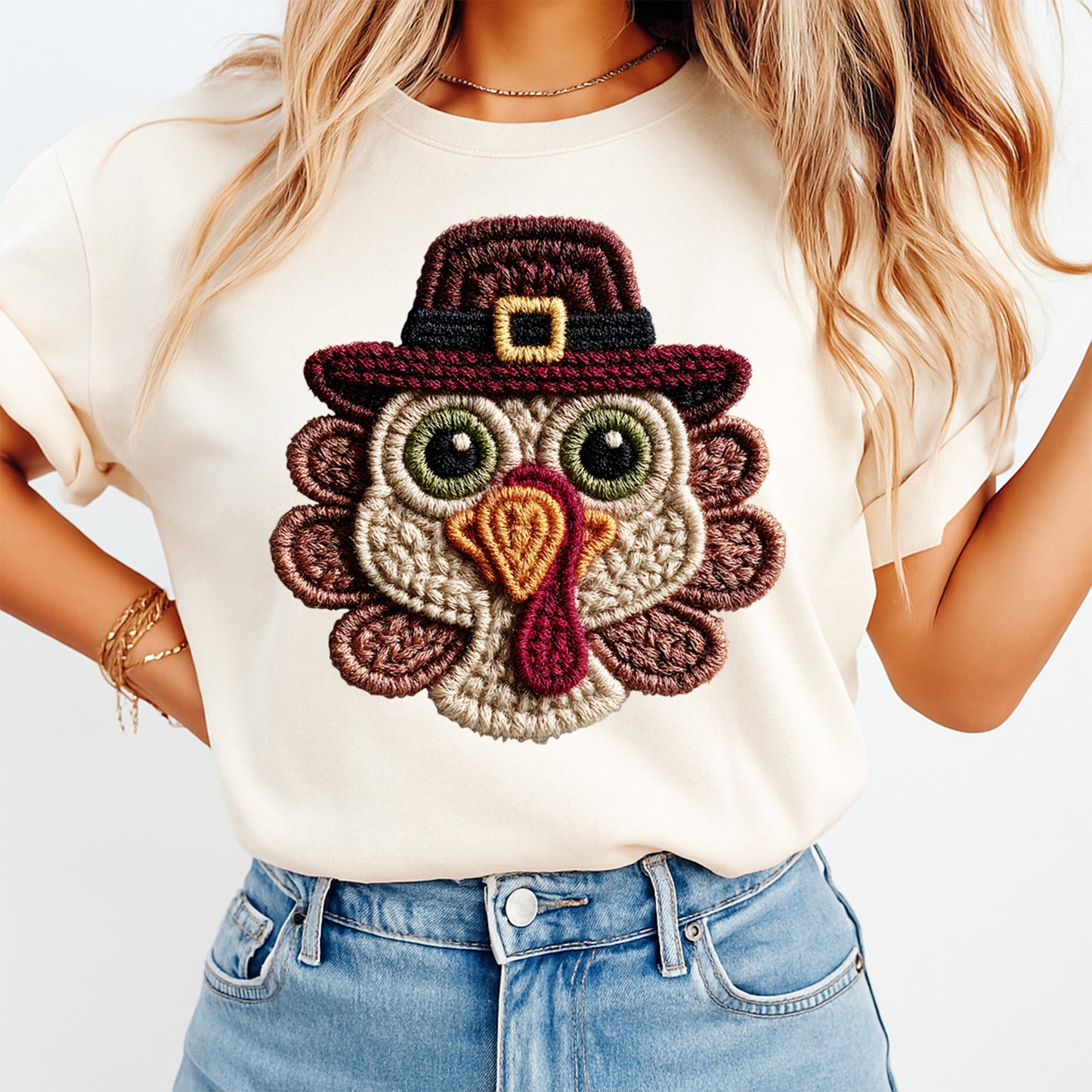 Thanksgiving Pilgrim Turkey DTF Transfer – Crochet Texture Fall Iron On Heat Transfer for DIY Fall Shirts 12151